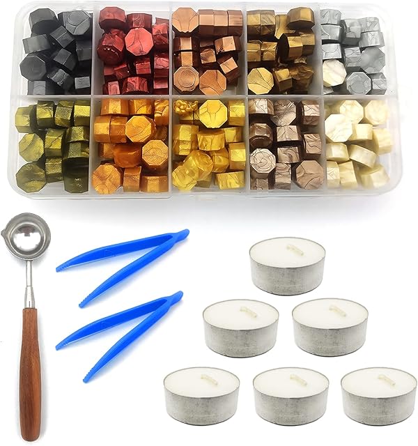 200 Pcs Sealing Wax Beads Kit, Octagon Sealing Wax Sticks Beads with Tea Candles, Wax Melting Spoon, Wax Seal Pens, Tweezers for Wax Stamp Sealing, Envelope, Cards, Wedding Invitation - 10 Color
