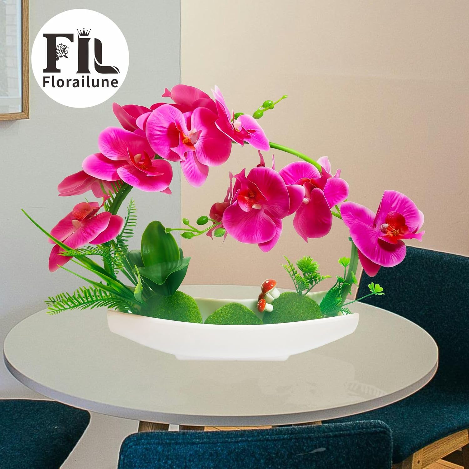 Orchids Artificial Flowers Plant Pot Arrangements,Fake Orchid Desk Plants for Office,Faux Flowers Indoor,Faux Orchid Arrangements for Home(Purple Round+White vase)