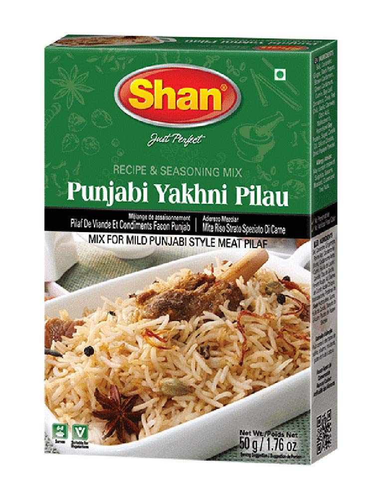Shan Punjabi Yakhni Pilau Recipe and Seasoning Mix 1.76 oz (50g) - Spice Powder for Mild Punjabi Style Meat Pilaf - Suitable for Vegetarians - Airtight Bag in a Box (Pack of 24)