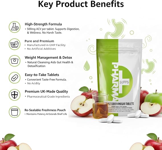 Pharma Apple Cider Vinegar 500mg - High Strength ACV Supplement for Digestion, Detox & Weight Management - 60 Tablets, UK-Made, No Harsh Taste, Easy-to-Take Formula