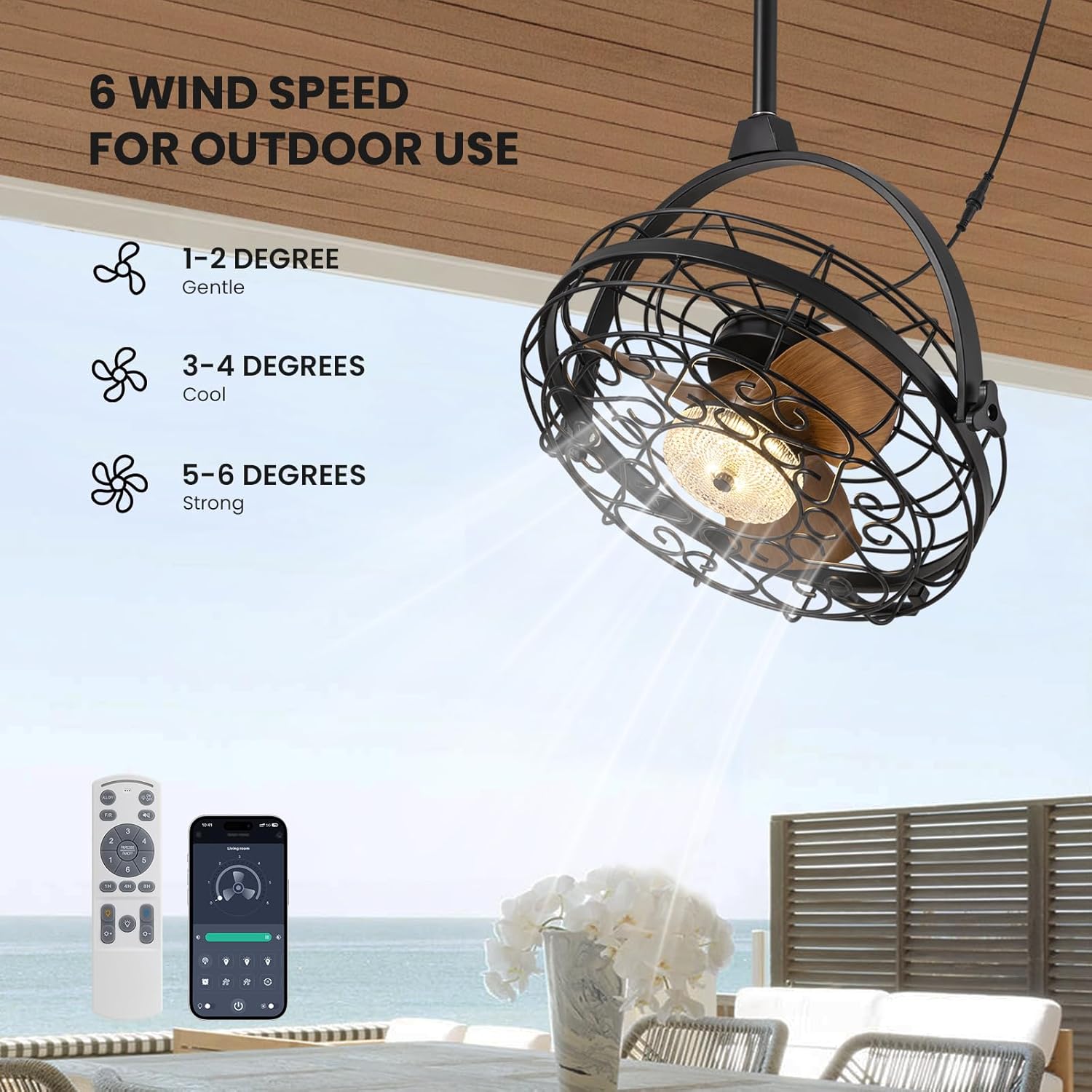 Illustration of 6 wind speed levels for the outdoor ceiling fan