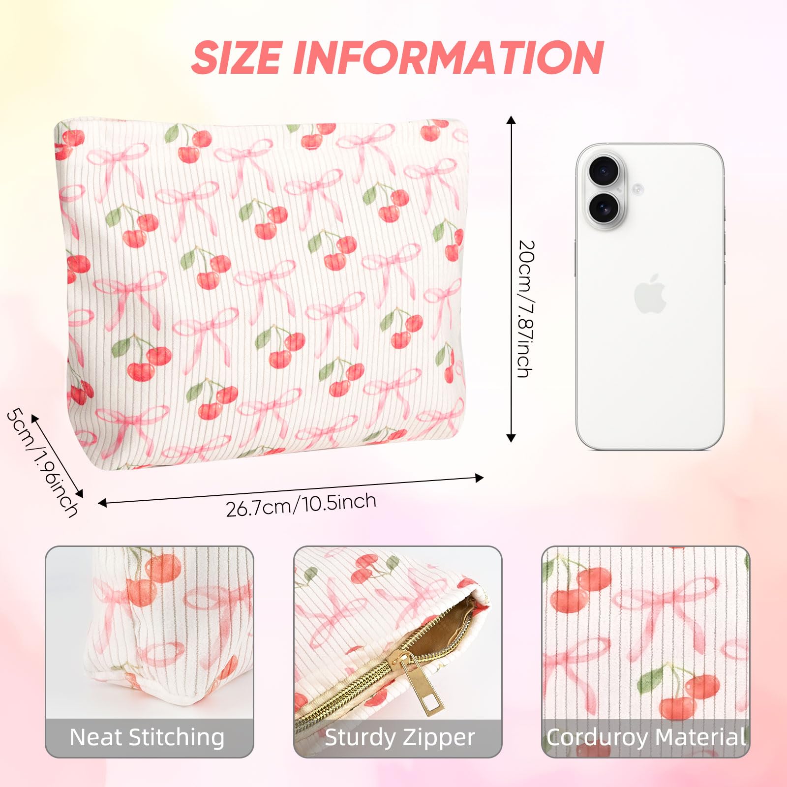 Ksriylm Cute Cosmetic Bag for Women,Cherry and Bow Canvas Toiletry Organizer Storage with Purse Zipper,Small Pink Multifunctional Travel Makeup Bag,Aesthetic Travel Toiletry Bags - Image 2