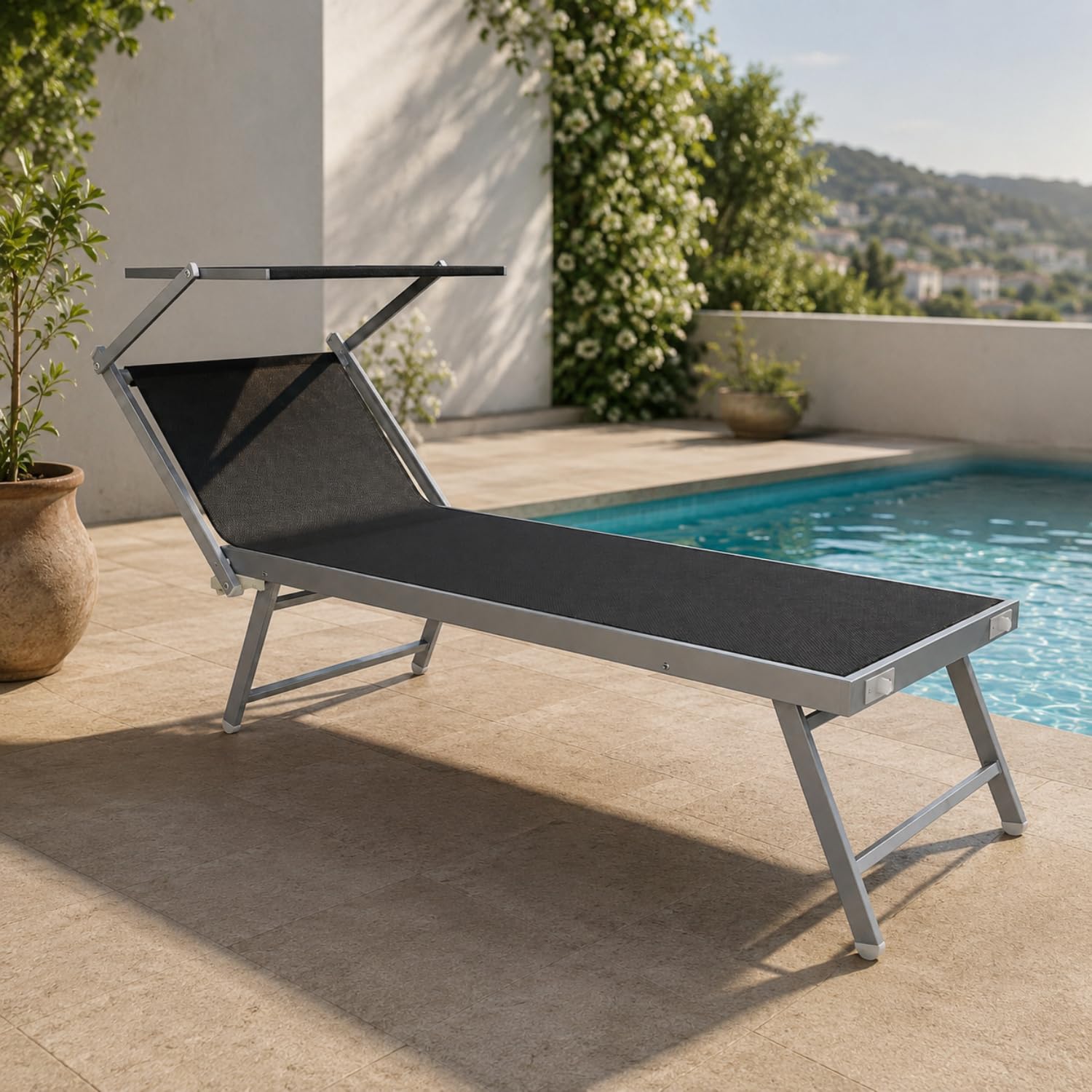Bricozone Lettino Pieghevole Prendisole in Alluminio E Tessuto Textilene Professionale Con Tettuccio Parasole Orientabile Sdraio Per Mare Spiaggia Piscina Giardino 182 x 60 x 38 Cm Nero