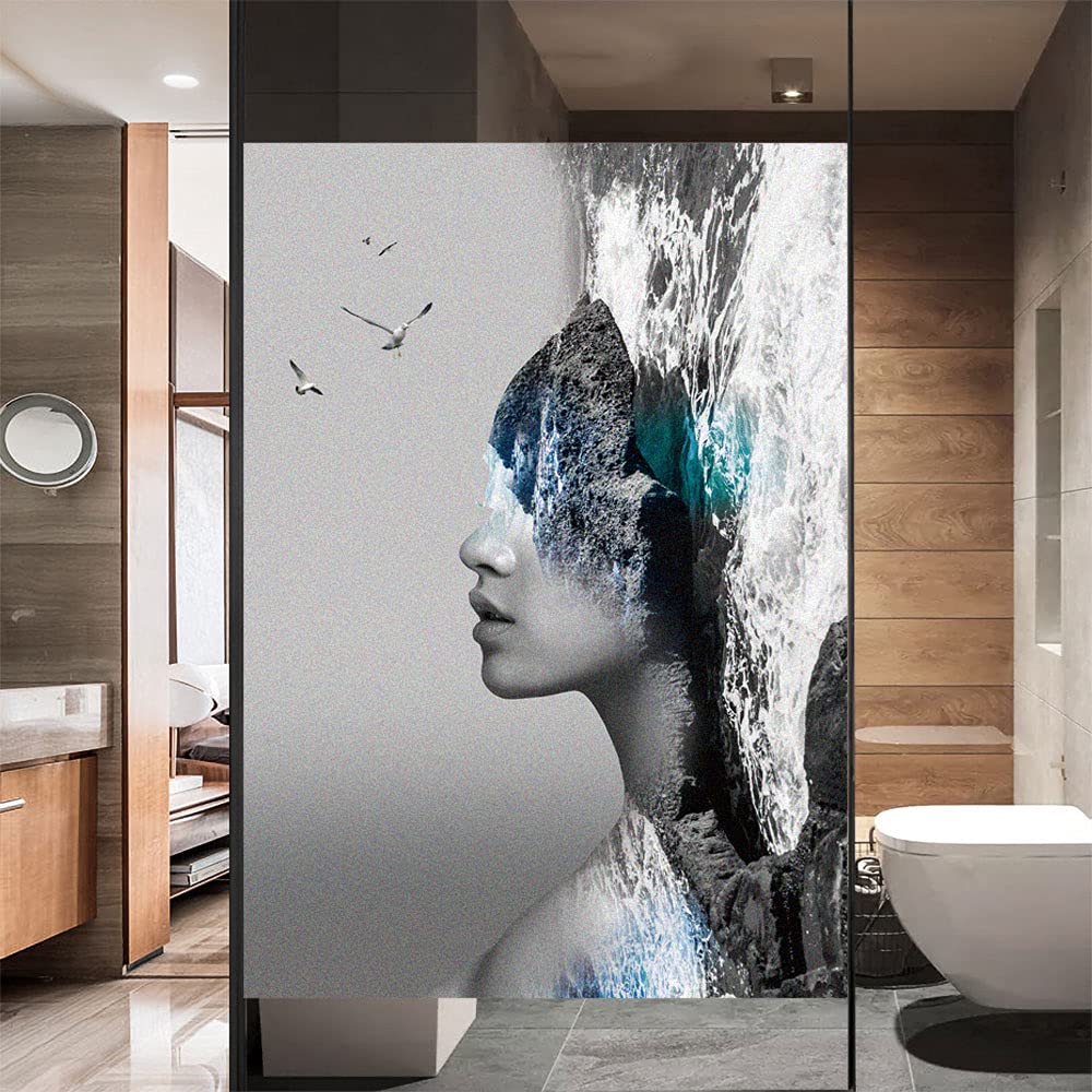 Window Film Privacy Frosted Beach Seascape Static Cling Window Stickers No Glue Window Clings UV Blocking Heat Control Window Coverings for Home/Office 19.68"x55.11"(50x140cm)