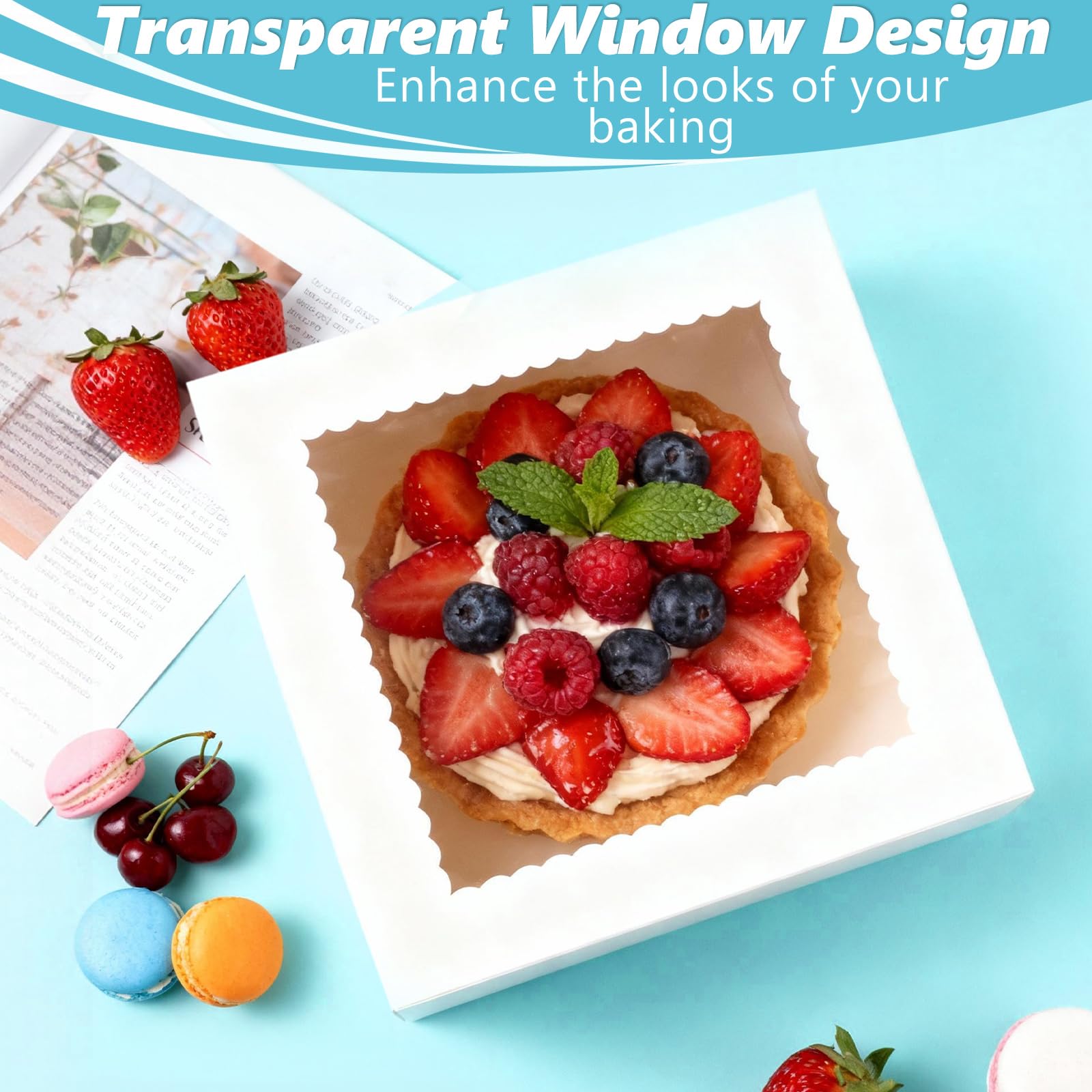 APACALI 40 scatole per torte 25 x 25 x 20 cm, in cartone bianco, scatola per il trasporto di torte con finestra a vista, per torte, dolci