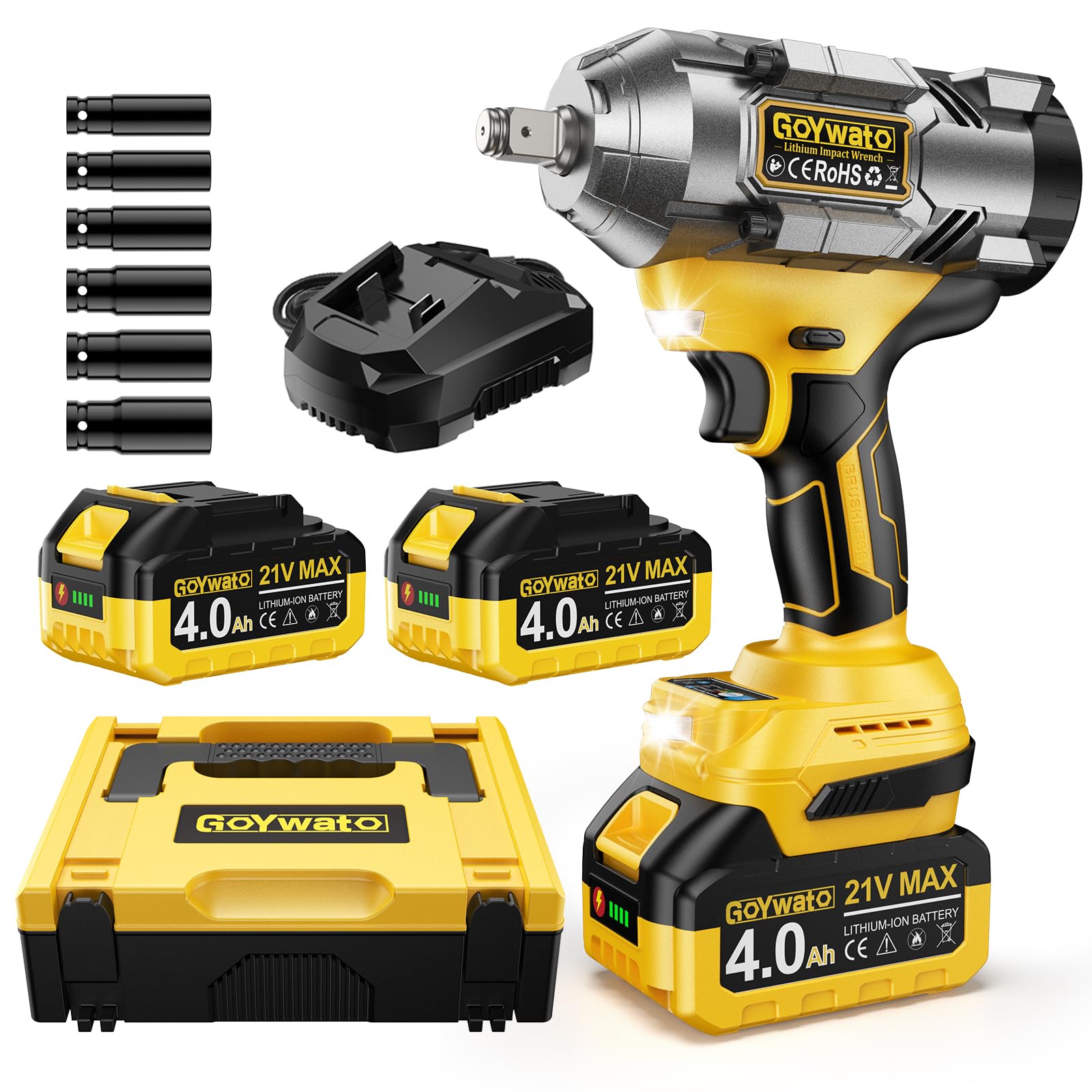 1490 Nm Avvitatore a Impulsi con 2 Batterie 4.0Ah & 6 Bussole, Giallo | 1/2'' Avvitatore ad Impulsi Brushless con Caricabatterie & LED Integrata, Ideale per Auto, DIY e Uso