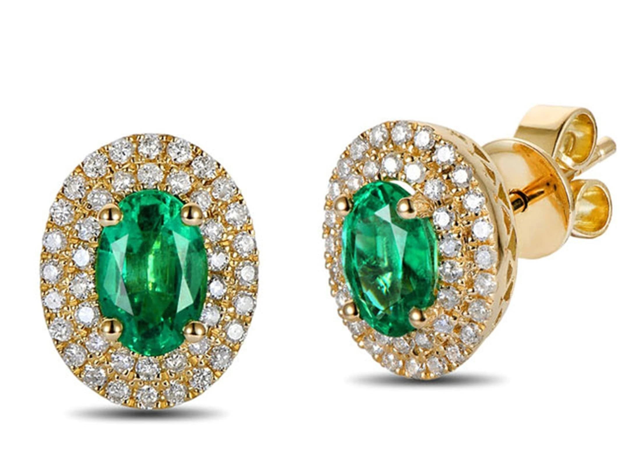 Epinki 18K Gold Damen Ohrringe Oval Glitzer Diamant Ohrstecker Gold mit Weiß Grün Diamant Smaragd