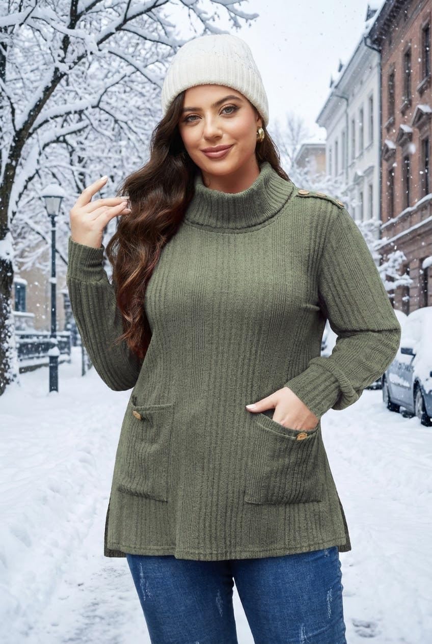 Amrto Plus Size Sweaters for Women 2025 Winter Cowl Neck Tunic Sweaters Buttoned Holiday Vacation Tops with Pockets - Image 4