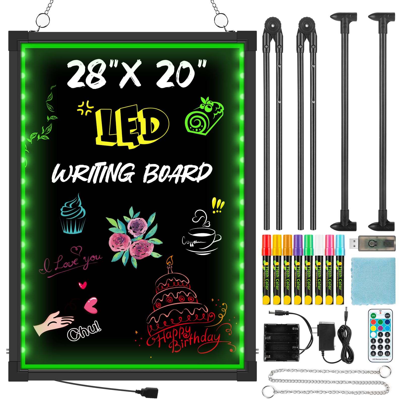 LED Message Writing Board, 28" x 20" Flashing Illuminated Erasable Neon Effect Menu Sign Board with 8 Fluorescent Chalk Markers, Be Suitable for Shop,