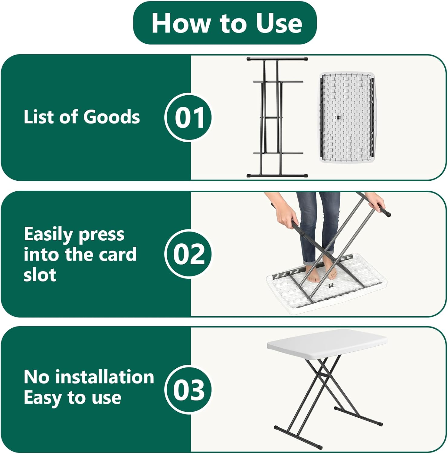30in Folding Table, Portable Picnic Table with Adjustable Height, Foldable TV Tray Table & Laptop Desk for Small Spaces, Patio, Camping, BBQ, No Assembly Needed, White
