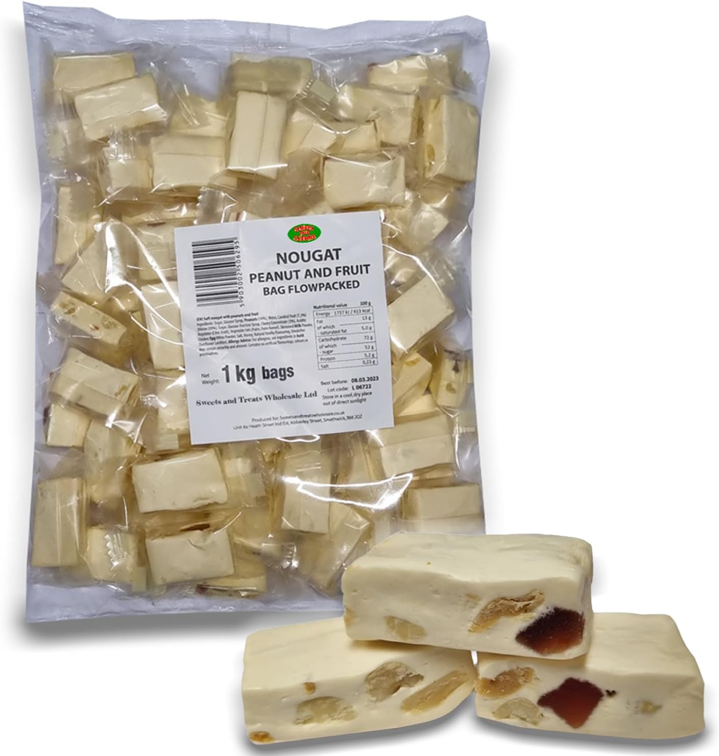 Peanut and Fruit Nougat 1kg Bulk Bag - Bulk Sweets - Traditional Soft Nougat with Roasted Peanuts and Candied Fruit Pieces - Individually Wrapped Chunks
