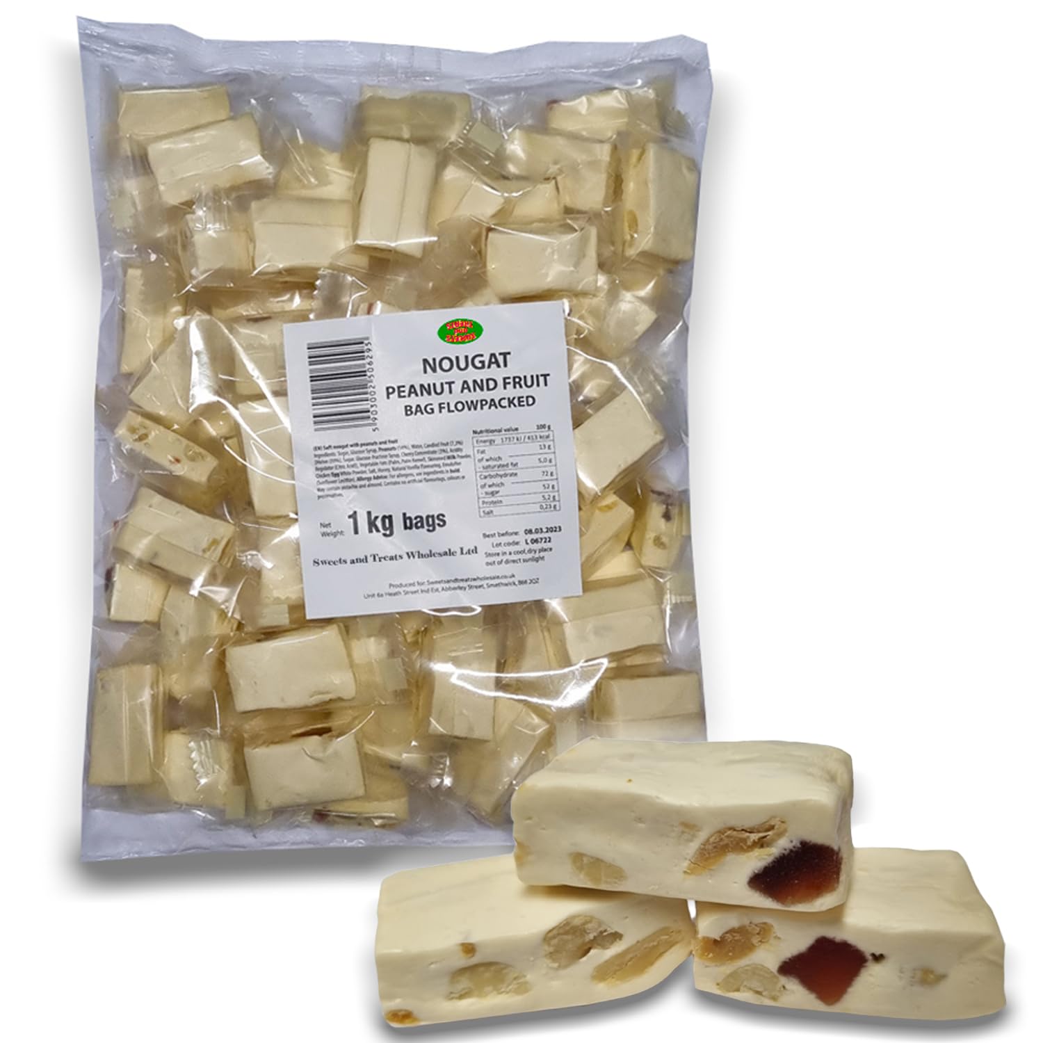 Sweets and Treats Wholesale® Peanut and Fruit Nougat 1kg Bulk Bag - Bulk Sweets - Traditional Soft Nougat with Roasted Peanuts and Candied Fruit Pieces - Individually Wrapped Chunks