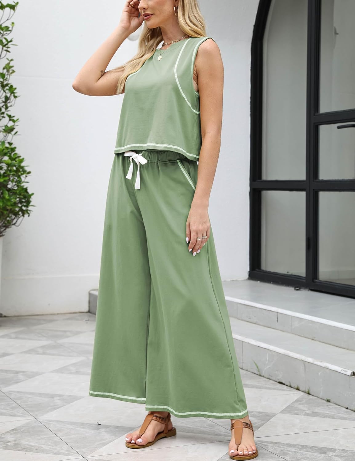 Women’s 2 Piece Lounge Set Sleeveless Tank Top & Wide Leg Pants Contrast Trim Relaxed Casual Matching Outfit - Image 3