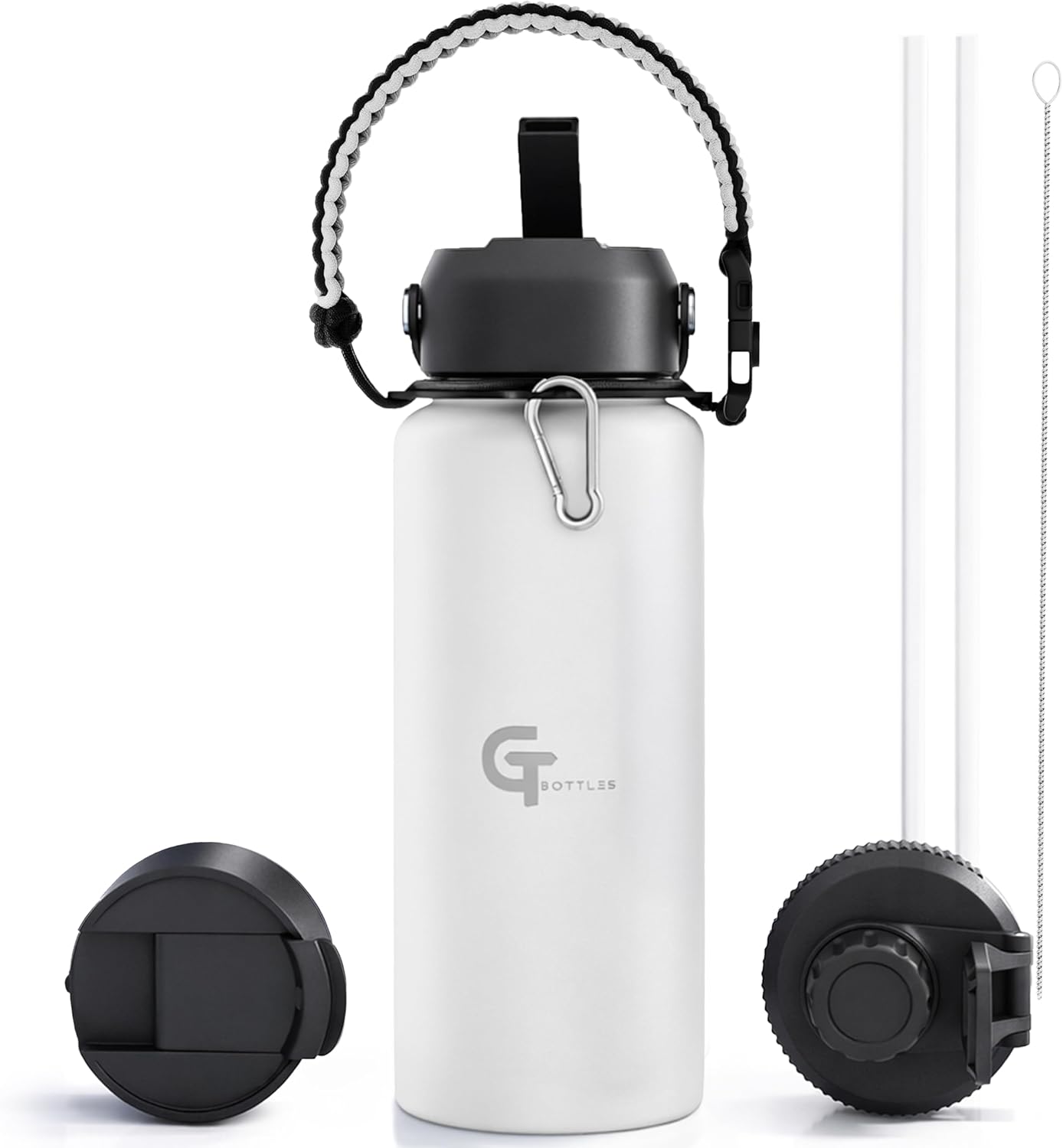 32oz Insulated Stainless Steel Water Bottle with 3 Lids & Paracord Handle – Leakproof Wide Mouth Metal Sports Bottle for Gym, School & Travel (White, 32oz)