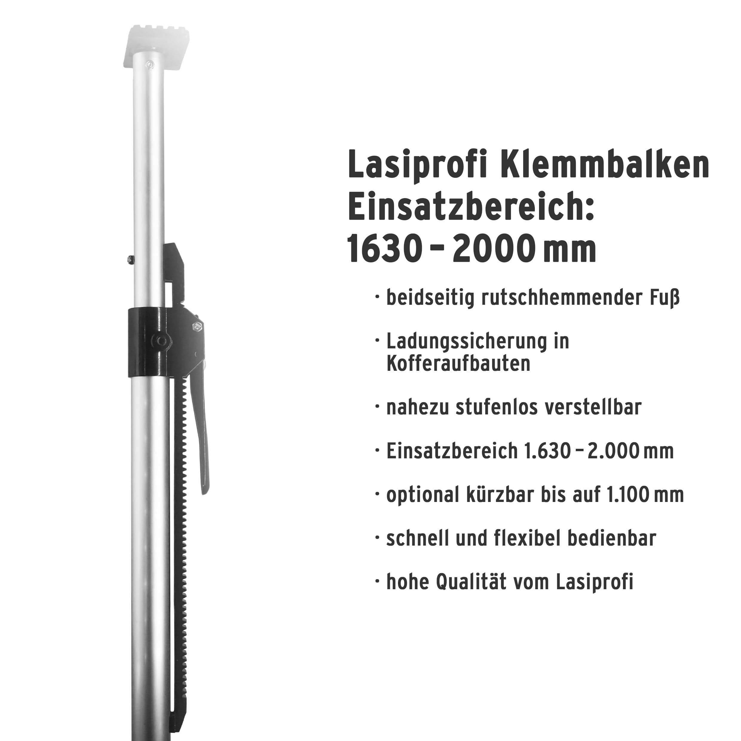 Klemmbalken 1630-2000 mm für Kofferaufbau | Alu eloxiert, rutschhemmende Füße | Profil: Ø 42 mm; Klemmkraft: 130 daN; Sperrkraft: 200 daN