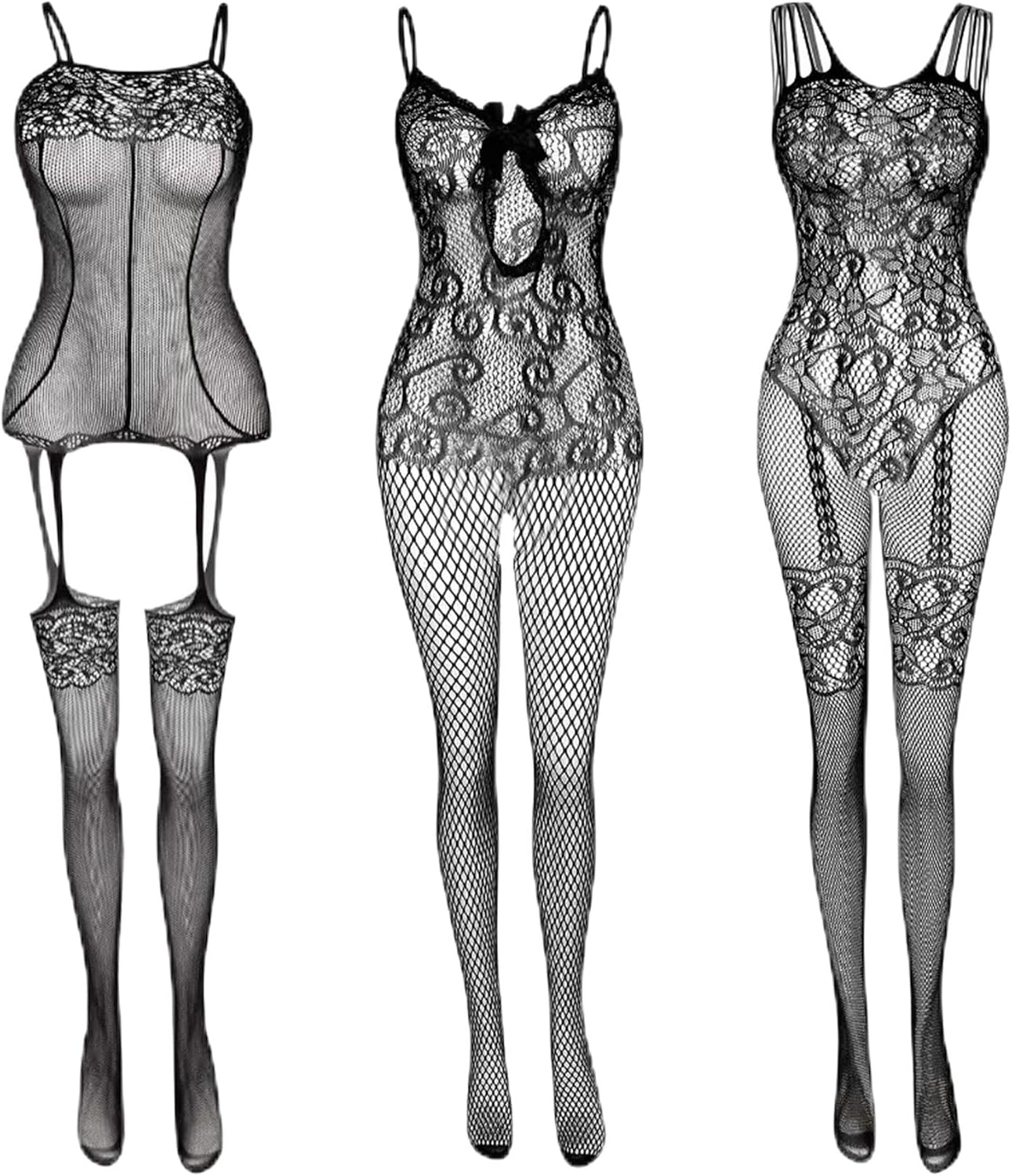 Tisancy 3 Pcs Women's Fishnet Lingerie Plus Size Mesh Bodysuit Lingerie for Women