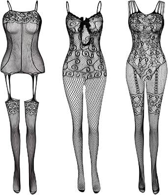 Tisancy 3 Pcs Womens Fishnet Lingerie Plus Size Mesh Bodysuit Lingerie for Women