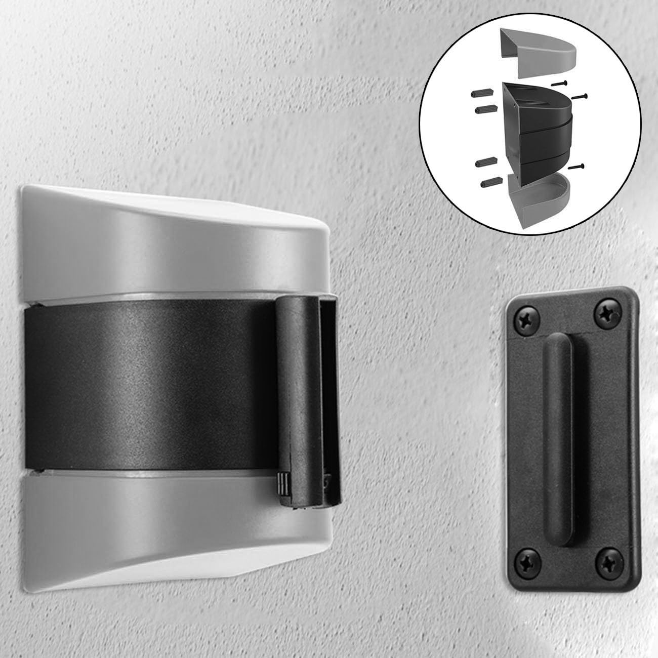 Barrière de Ceinture Rétractable Noire 10 m, Barrière de Cordon de Sécurité Murale, pour Aéroports, Banques, École