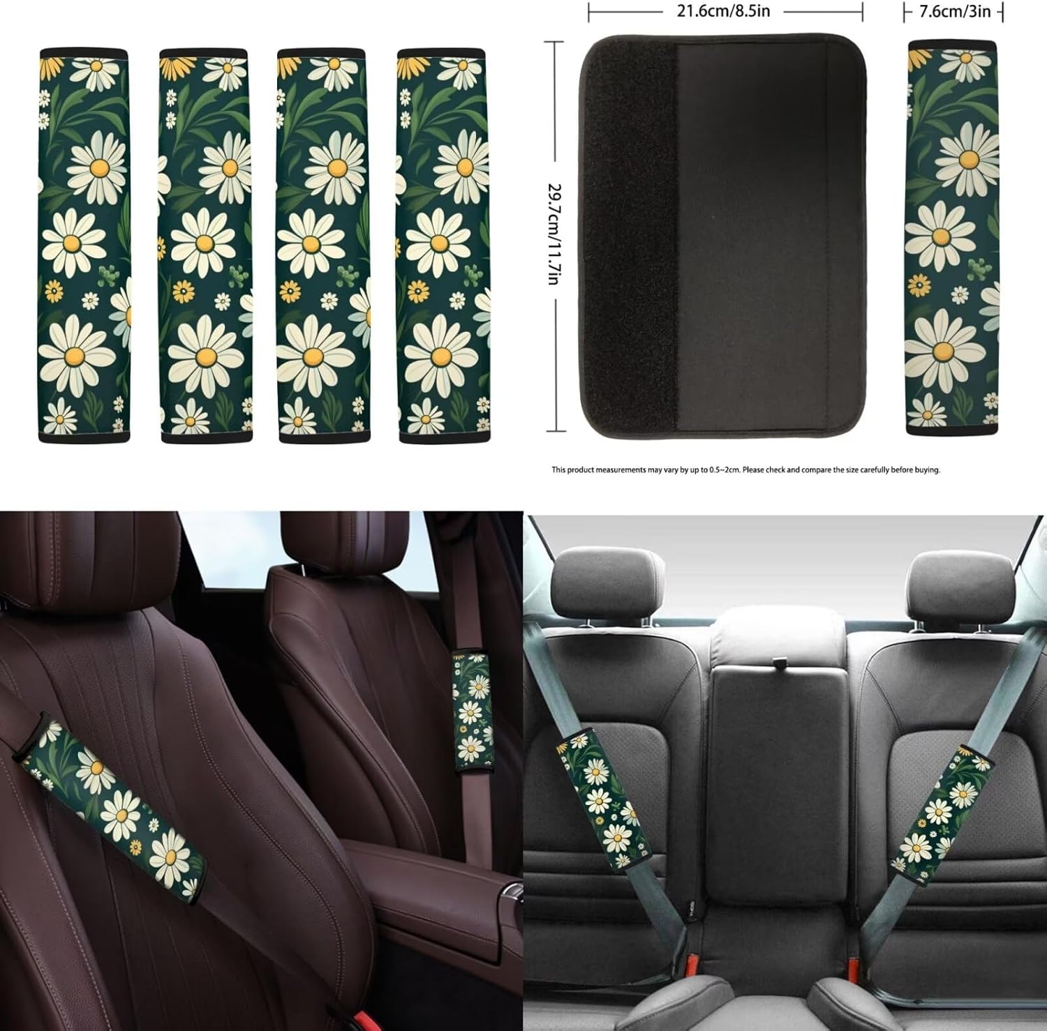 18Pcs Daisy Car Seat Covers Full Set with Steering Wheel Cover Auto Cup Holder for Car Coaster Headrest Cushion,Seatbelt Strap Pad,Center Console Cushion Handbrake Cover Keychain,Green