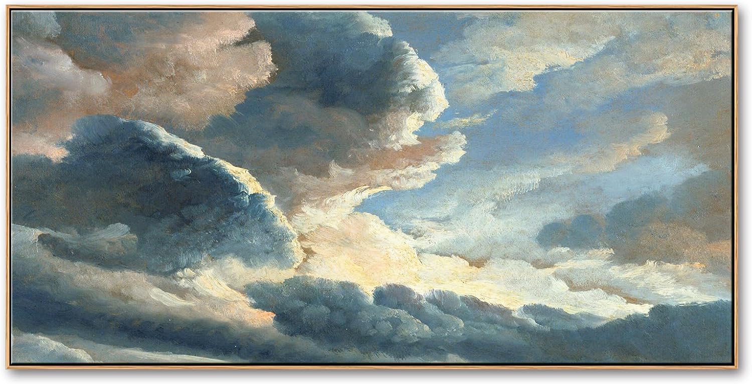 Vintage Landscape Wall Art - Large Framed Sunset Clouds Canvas Print, Farmhouse Natural Scenery Painting for Living Room, Bedroom, Bathroom Decor 20"x40"