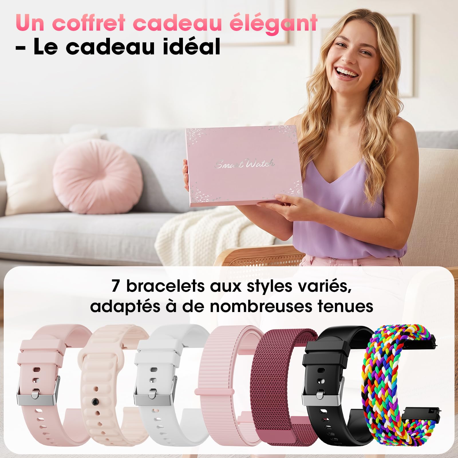 Montre Connectée Femme, 7 Bracelets Cadeau, 1,91" Écran incurvé Smartwatch | Appels Bluetooth, Assistant vocal, 100＋Modes Sportifs, Suivi Fréquence Cardiaque/Sommeil/SpO2, Etanche IP67 pour Android iOS