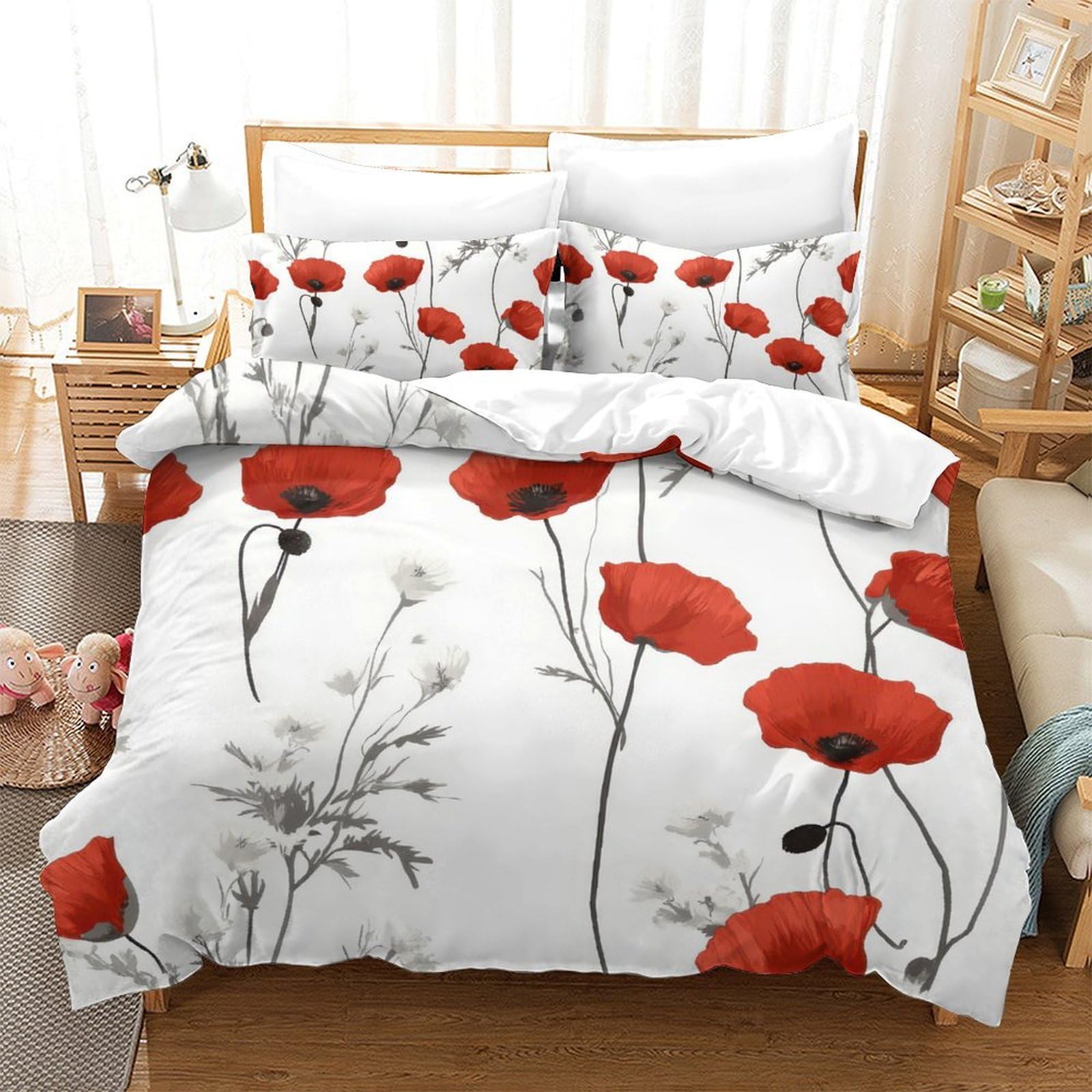 Parure de lit de qualité coquelicots 135x200cm avec finitions haut de gamme