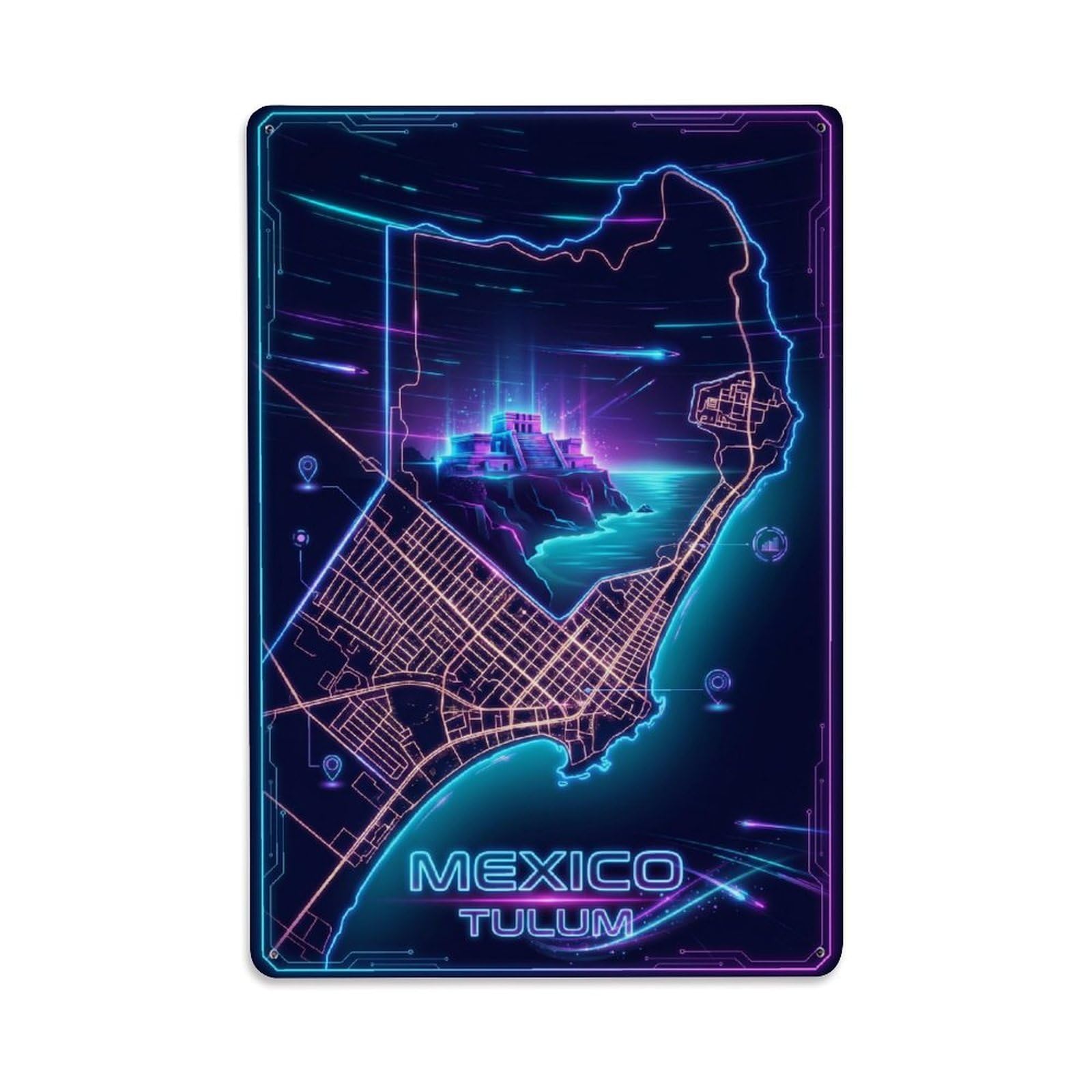 Tulum Mexico Cyber Synthwave Coast Ruins Neon Travel Map Metal Tin Sign Plaque Wall Decor for Cafe, Man Cave, Club Bar, Office, Home Garden Round Metal Poster 8x12Inch