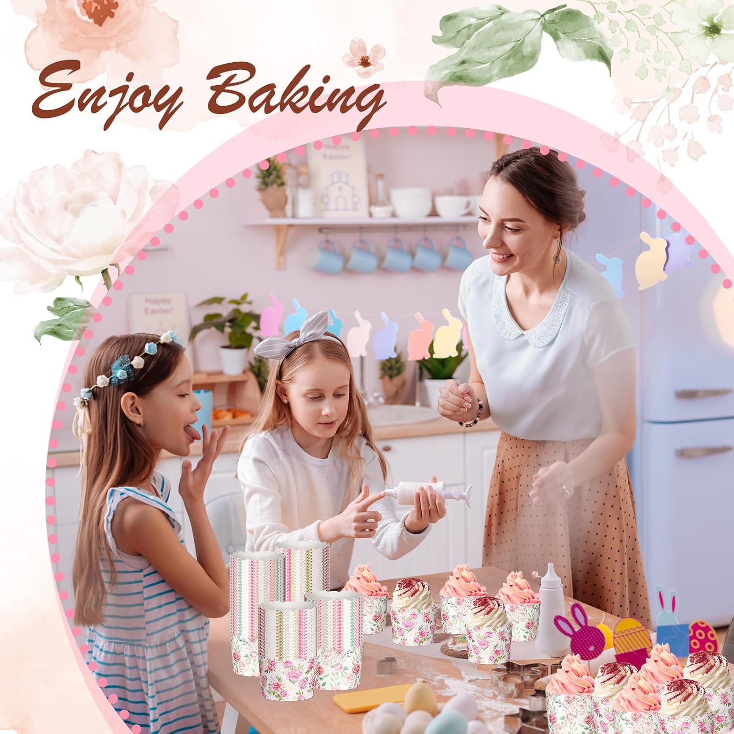 Ziliny 100 Pcs Spring Floral Cupcake Liners, Vintage Rose Muffin Baking Cups, Disposable Flower Paper Wrappers for Bridal Shower, Tea Party, Wedding, Spring Party Dessert Table Decor(White and Pink)