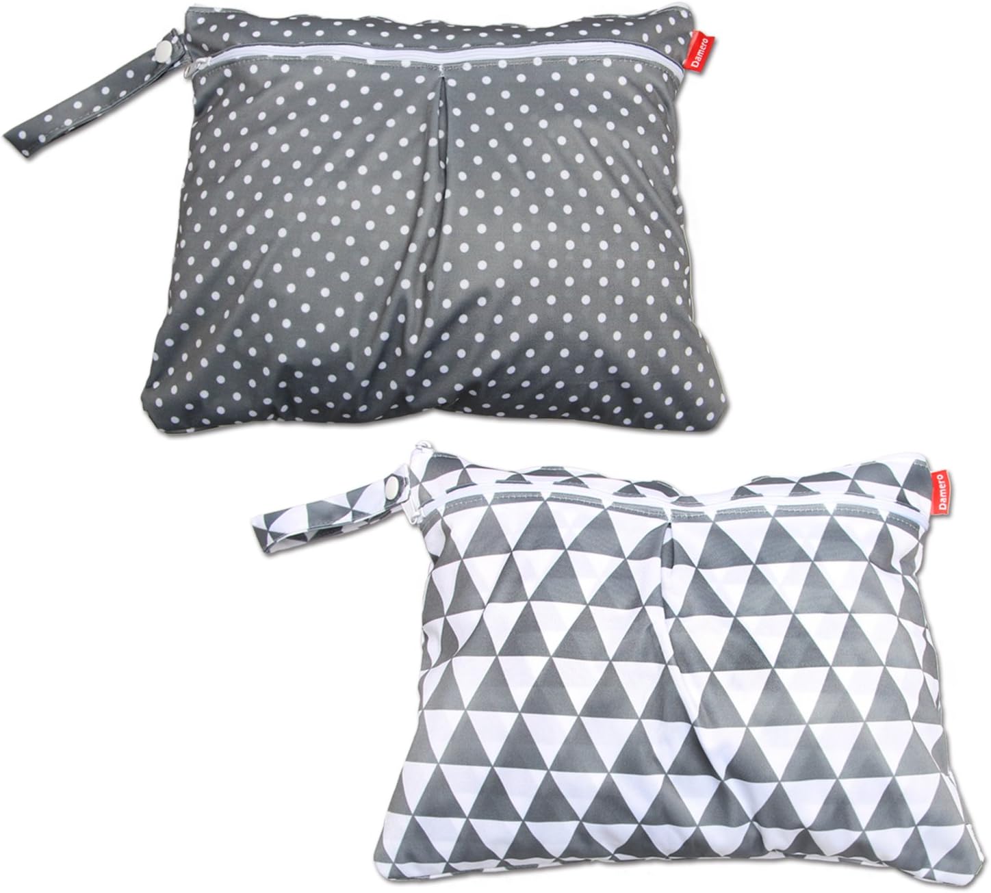 2pcs Travel Wet and Dry Bag with Handle for Cloth Diaper, Pumping Parts, Clothes, Swimsuit and More, Easy to Grab and Go (Small, Gray Triangle+ Gray Dots)