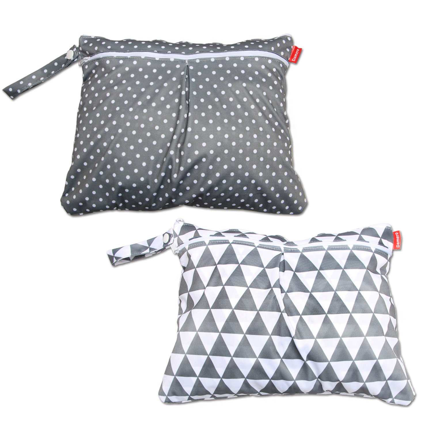 Damero 2pcs Travel Wet and Dry Bag with Handle for Cloth Diaper, Pumping Parts, Clothes, Swimsuit and More, Easy to Grab and Go (Small, Gray Triangle+ Gray Dots)
