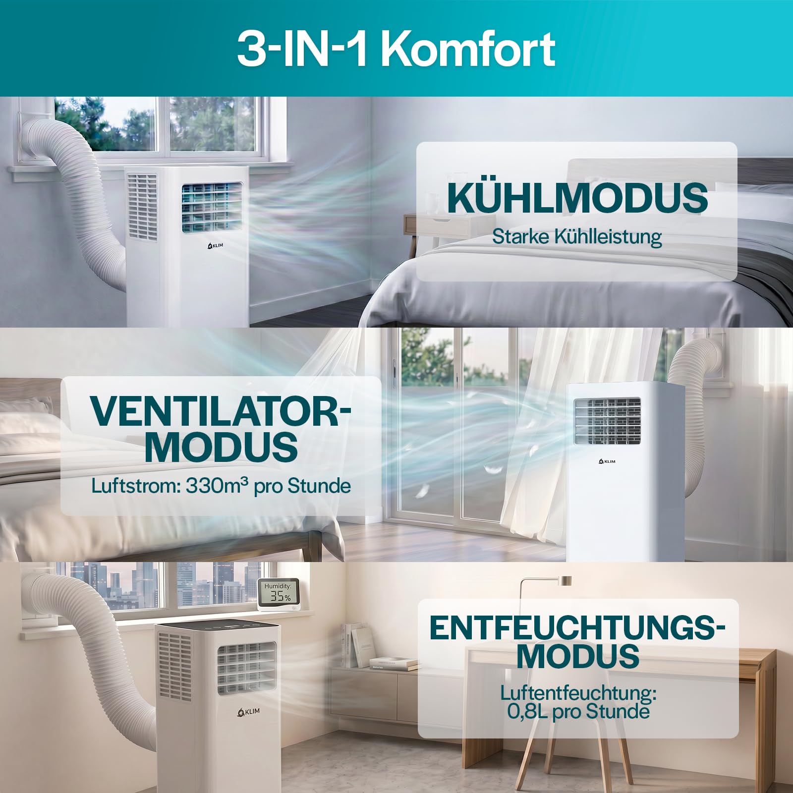 KLIM K9000-3-In-1 KLIMaanlage Mobil - Fernbedienung - Mit Integrierter Entfeuchtungsfunktion, Ventilator und Kühlmodus- 9000 BTU Tragbare KLIMagerät - Weiß