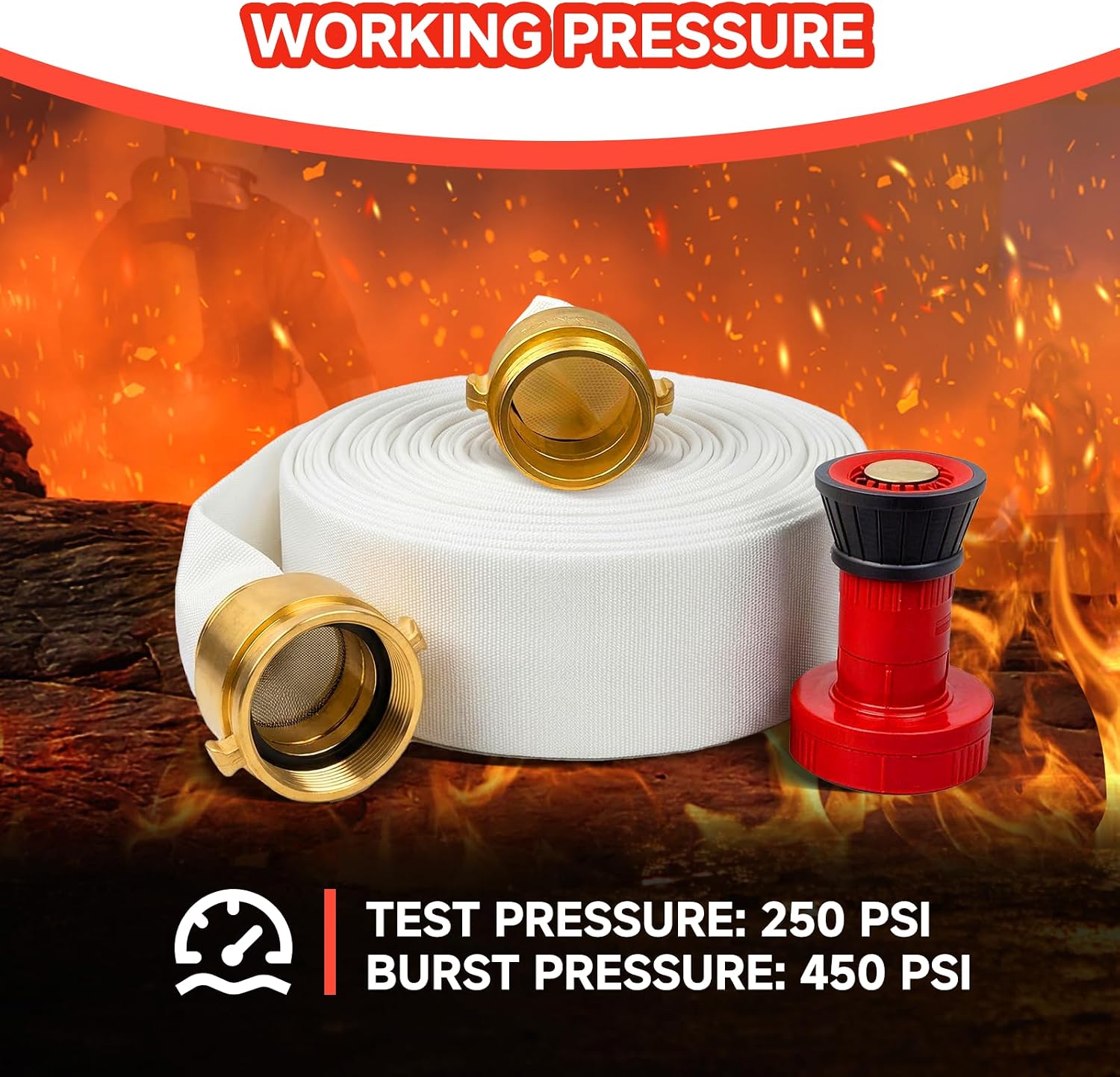 2‑1/2" x 100 ft Single Jacket Fire Hose with NST/NH Brass Couplings & Spray Nozzle, 750 PSI Burst, Commercial Grade