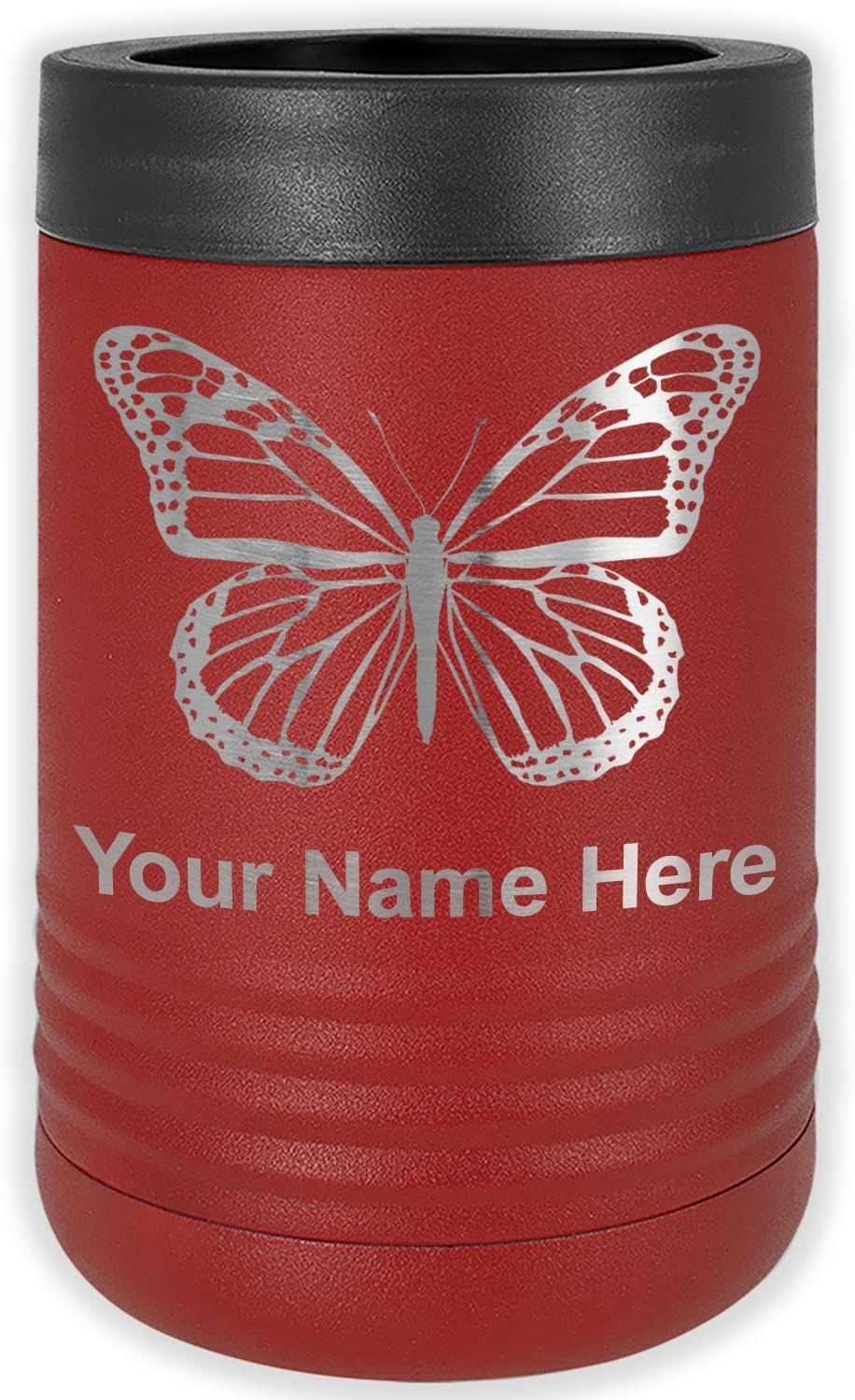 LaserGram Personalized 12 oz. Stainless Steel Can & Bottle Insulator, Monarch Butterfly – Keeps Drinks Cold Longer (Dark Blue)