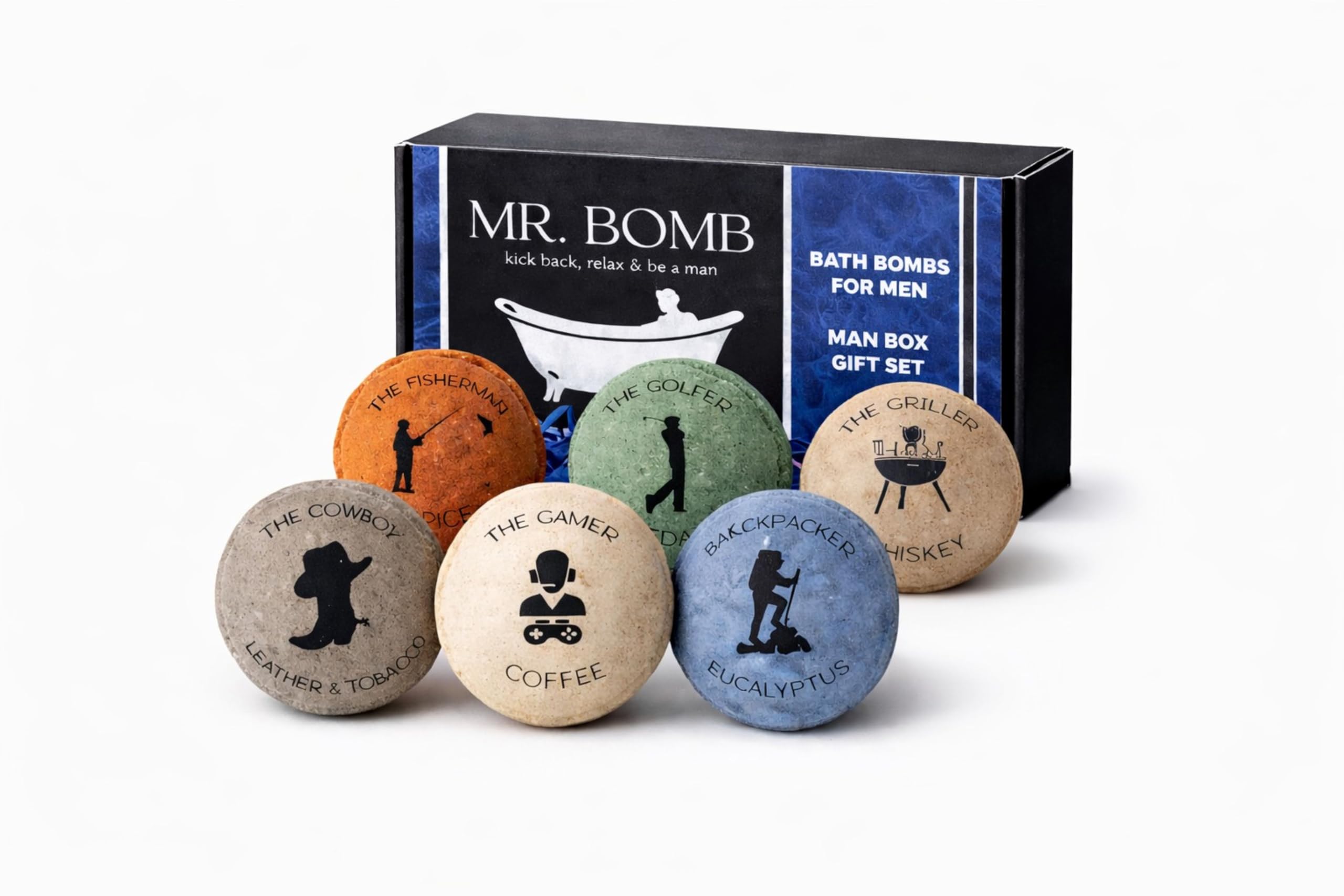Mr. Bomb Dude Bath Bombs for Men – 6 Pack Man-Up Collection, Masculine Scents, Epsom Salt Bath Bomb Set for Relaxation & Muscle Relief, Gift Set for
