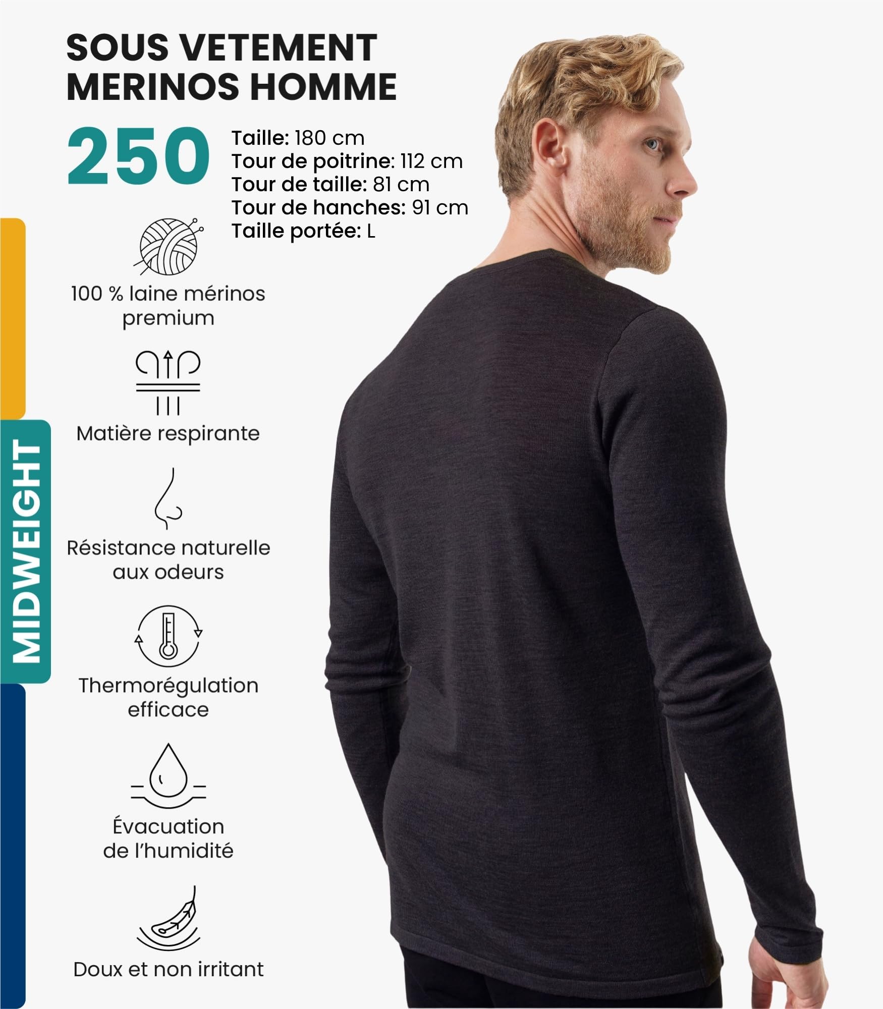 Merino.tech Chemise Homme Manches Longues 100% Merinos - sous Vetement Merinos Homme Lourd, Moyen, Léger avec Chaussettes - 2
