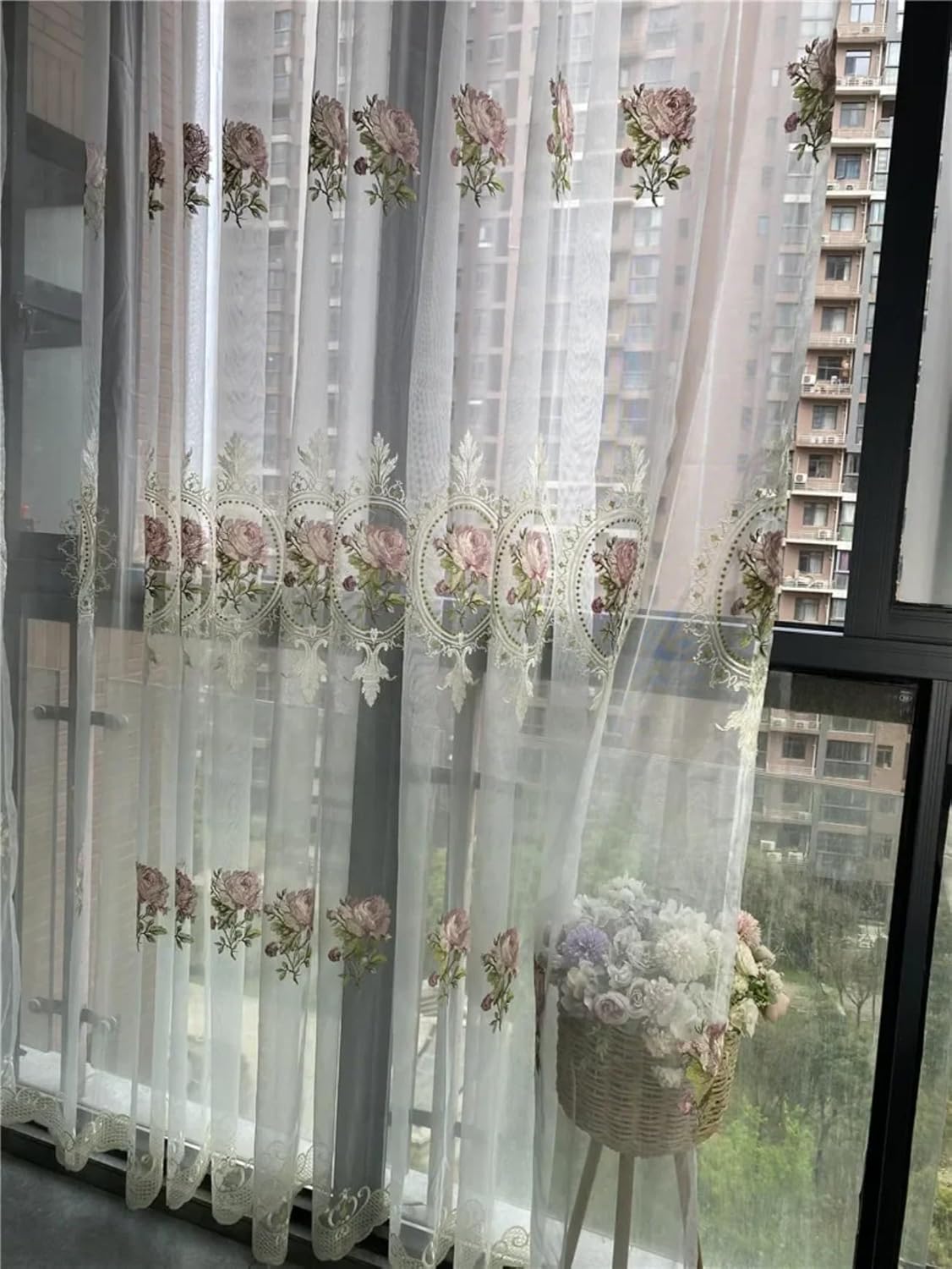 2Panels American Luxury Peony Embroidery Tulle Curtain For Living Room European Elegant Flower Embroidery Sheer Voile Drapes Bedroom Grommet top (WHITE, 40"W x 96"L (Pack of 2), Grommet top)