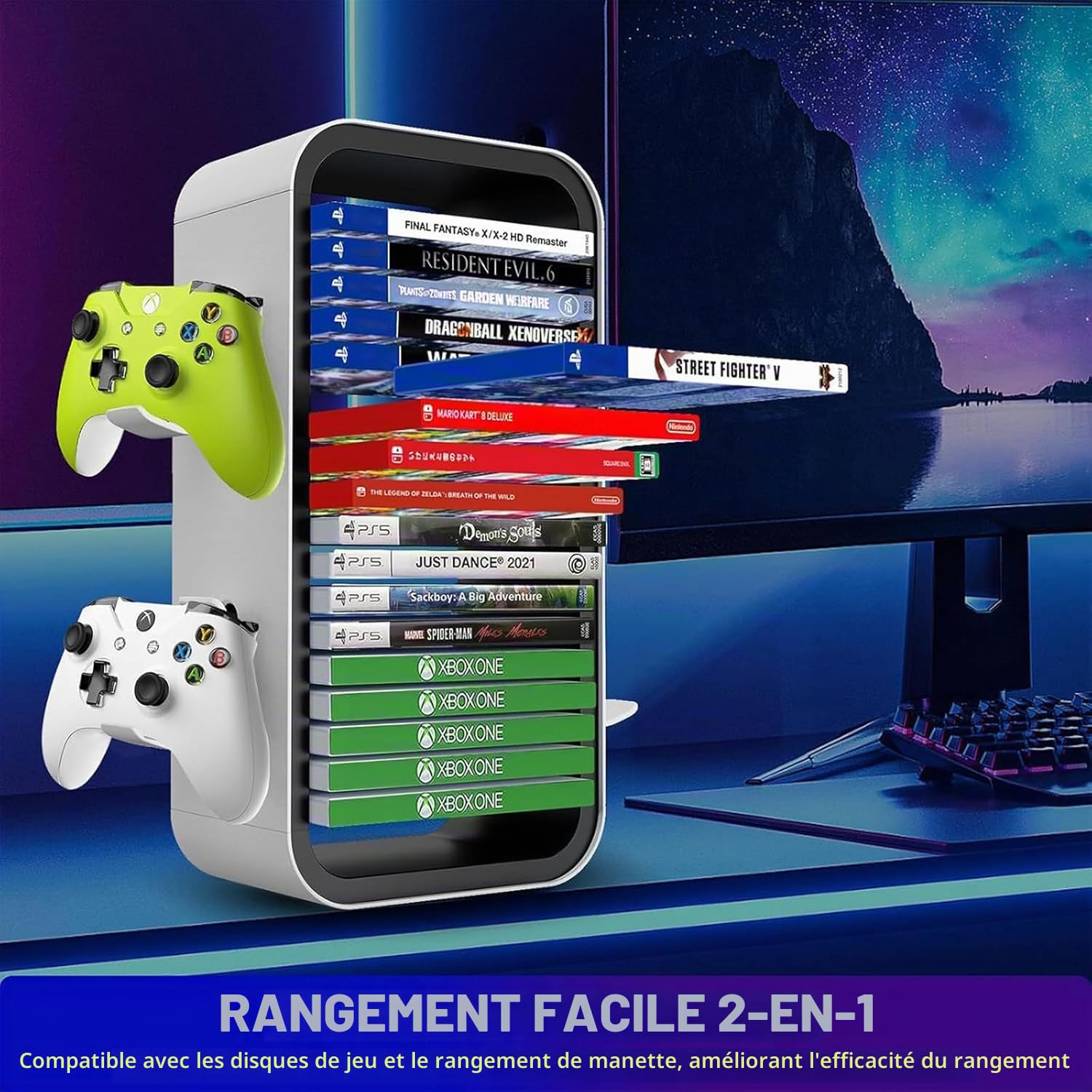 Tour de stockage de jeux, organisateurs universels de disques de jeu, stocke 18 jeux avec 4 supports de manette pour jeux PS5/PS4/Xbox One/Xbox Series S&X/Nintendo