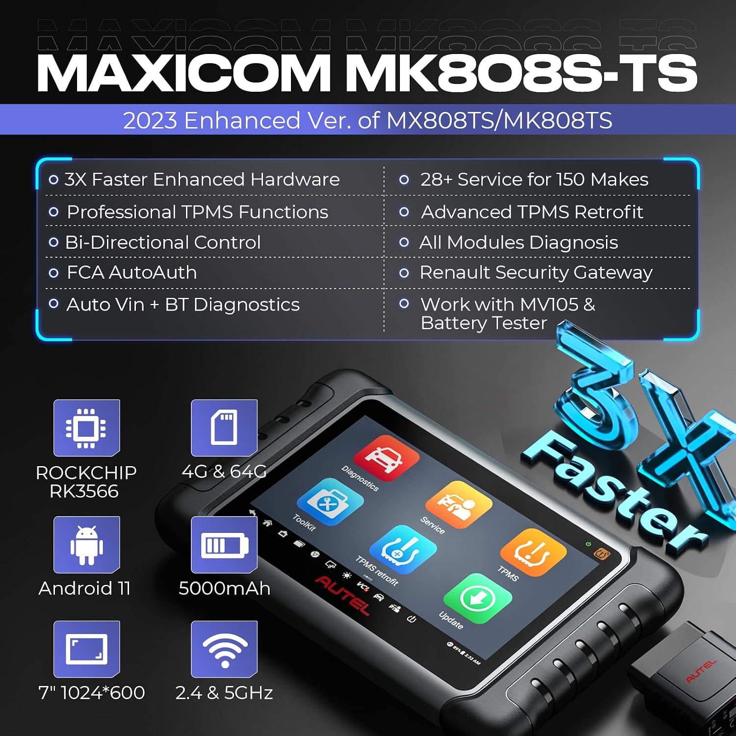 Autel MaxiCOM MK808S-TS Bidirectional Scanner: 2023 All-in-one TPMS Tool of MaxiCheck MX808S-TS, MP808TS, TS608, MK808 with TPMS Programming Relearn, 28 Service, Active Test, Android 11, FCA Autoauth