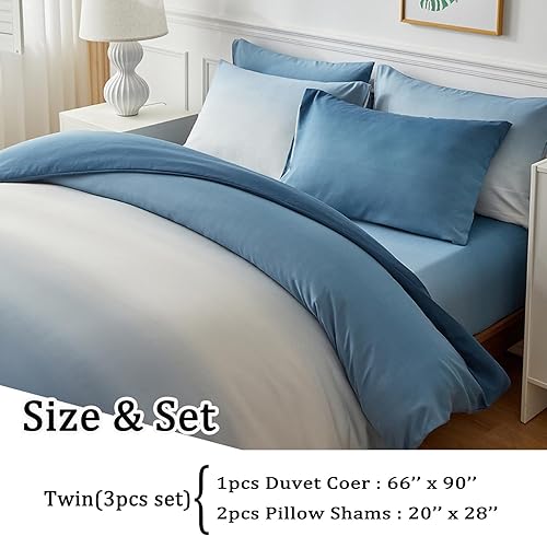 Miniatura 2 de Juego de funda de edredón de tamaño individual, color azul degradado con cierre de cremallera, 1 funda de edredón de 68 x 90 pulgadas, 2 fundas de