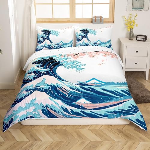 Miniatura 3 de Juego de ropa de cama con diseño de flor de cerezo, tamaño Queen, funda de edredón de olas de mar japonesas, sol rojo, blanco, grulla, pájaro, para