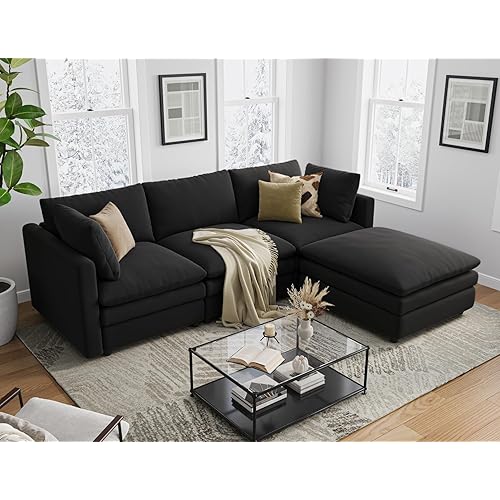 Txtin's Cloud Couches for Living Room L Shaped Sectional Couch with Ottoman Deep Plush 4 Seats Sofa Modern Sofa for Apartment Black