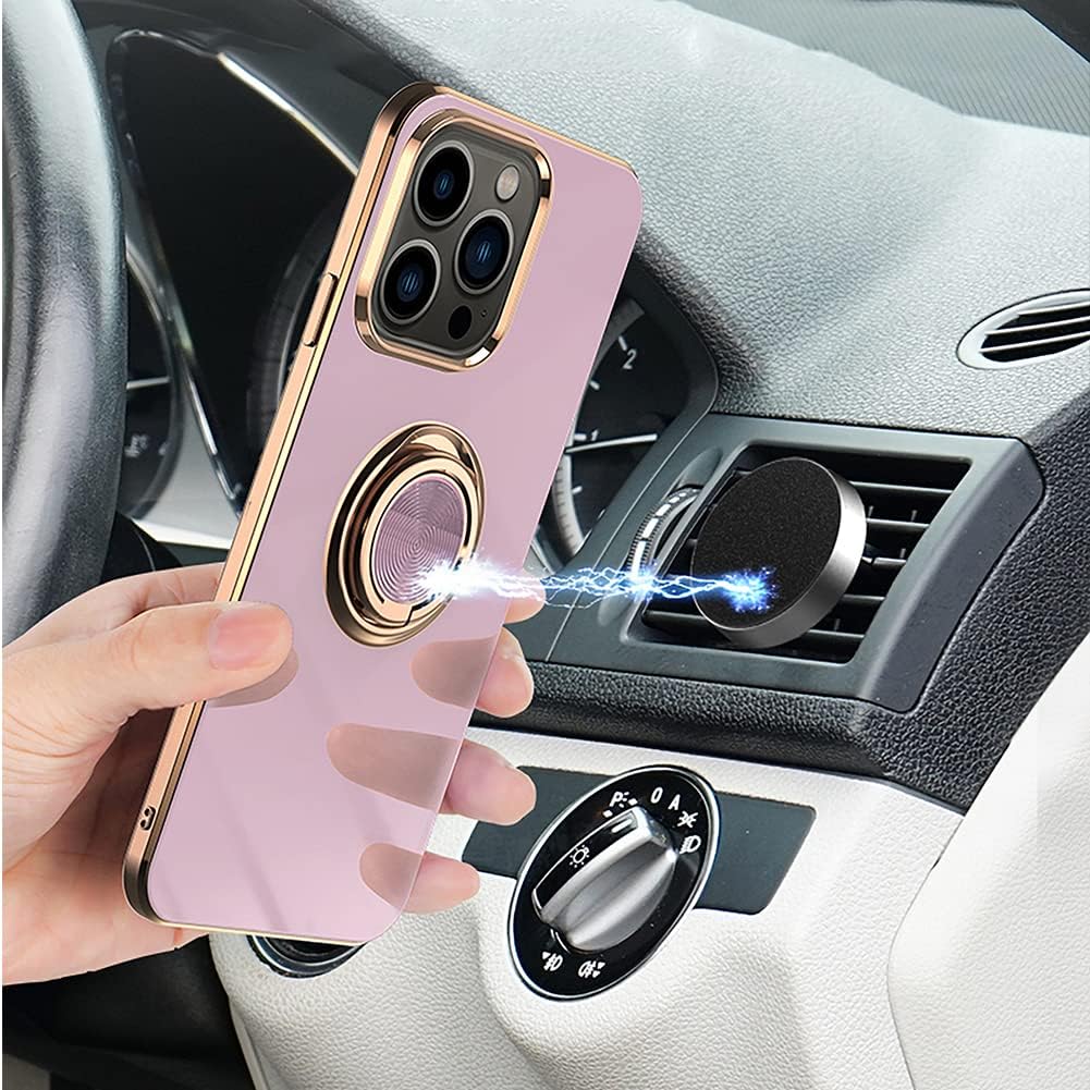 Omorro Compatible with Rose Gold iPhone 14 Pro Case for Women Girls Kickstand Ring Holder 360 TPU Rotation Ring Case with Stand Plating Edge Work with Magnetic Mount Slim Luxury Case, White - Image 2