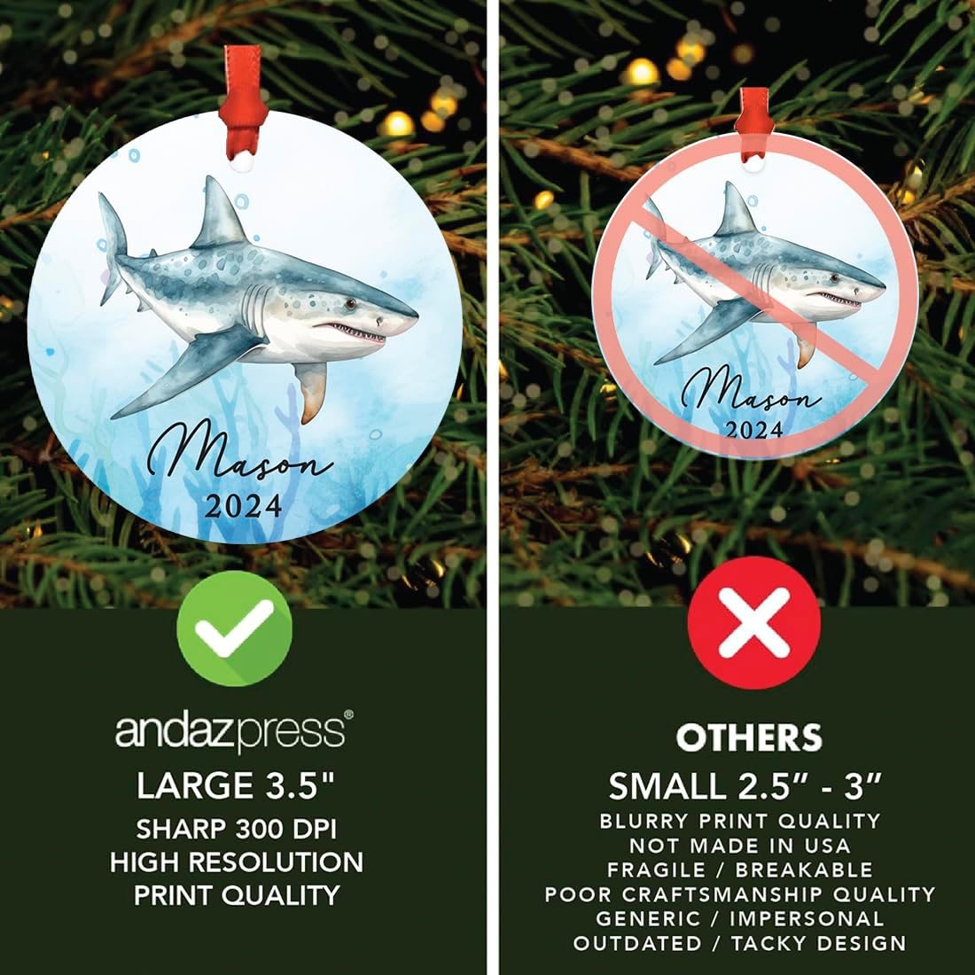 Andaz Press 3.5" Metal Personalized Shark Ornament 2026, Light Blue Shark Design, Custom Shark Ornaments for Christmas Tree, Customized Shark Christmas Ornament for Kids, Shark Lovers, Marine Life - Image 5