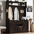 JXQTLINGMU 59" Farmhouse Hall Tree with Shoe Storage, Entryway Bench with 20 Cubbies, 12 Hooks & Sliding Barn Doors, Mudroom Coat Rack Cabinet, Black