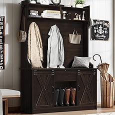 JXQTLINGMU 59" Farmhouse Hall Tree with Shoe Storage, Entryway Bench with 20 Cubbies, 12 Hooks & Sliding Barn Doors, Mudroom Coat Rack Cabinet, Black