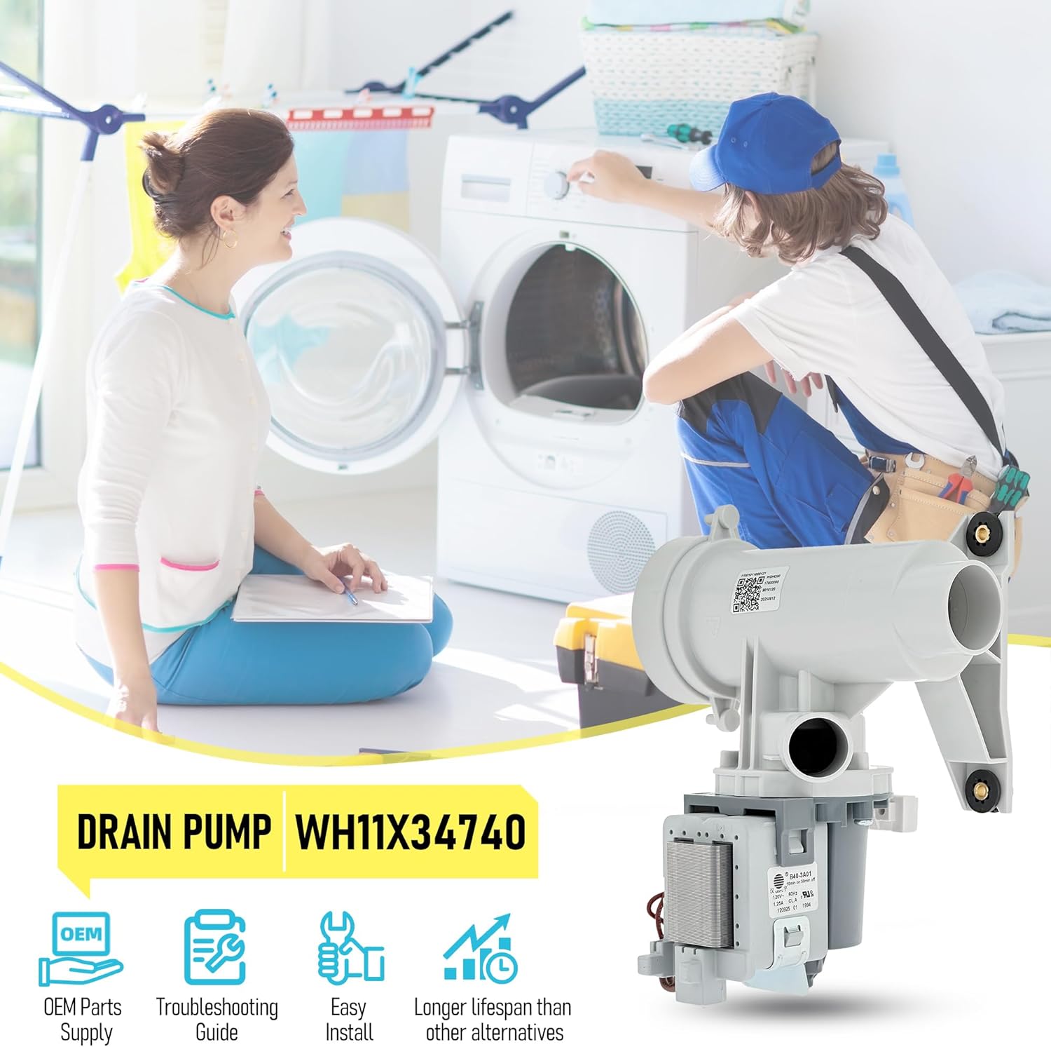 WH11X34740 WH23X25518 Washer Drain Pump Assembly OEM Replacement Parts for GE Washing Machine, Replaces 11001011000121 WH23X10038 WH23X25461 PD00079543 4977212 AP7195487