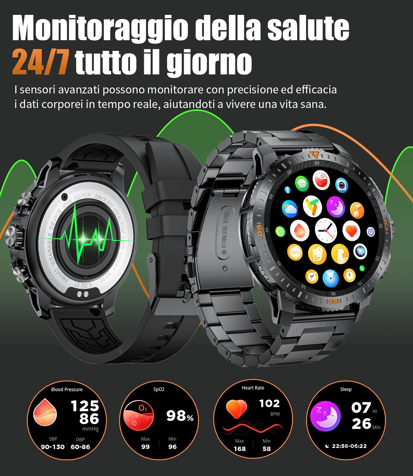 LIGE Smartwatch Uomo Militare,1.43” AMOLED/500mAh Orologio Smartwatch con Chiamata Bluetooth/Cardiofrequenzimetro SpO2,IP68 Impermeabile 100+ Modalità Sportive Smart Watch per Android iOS