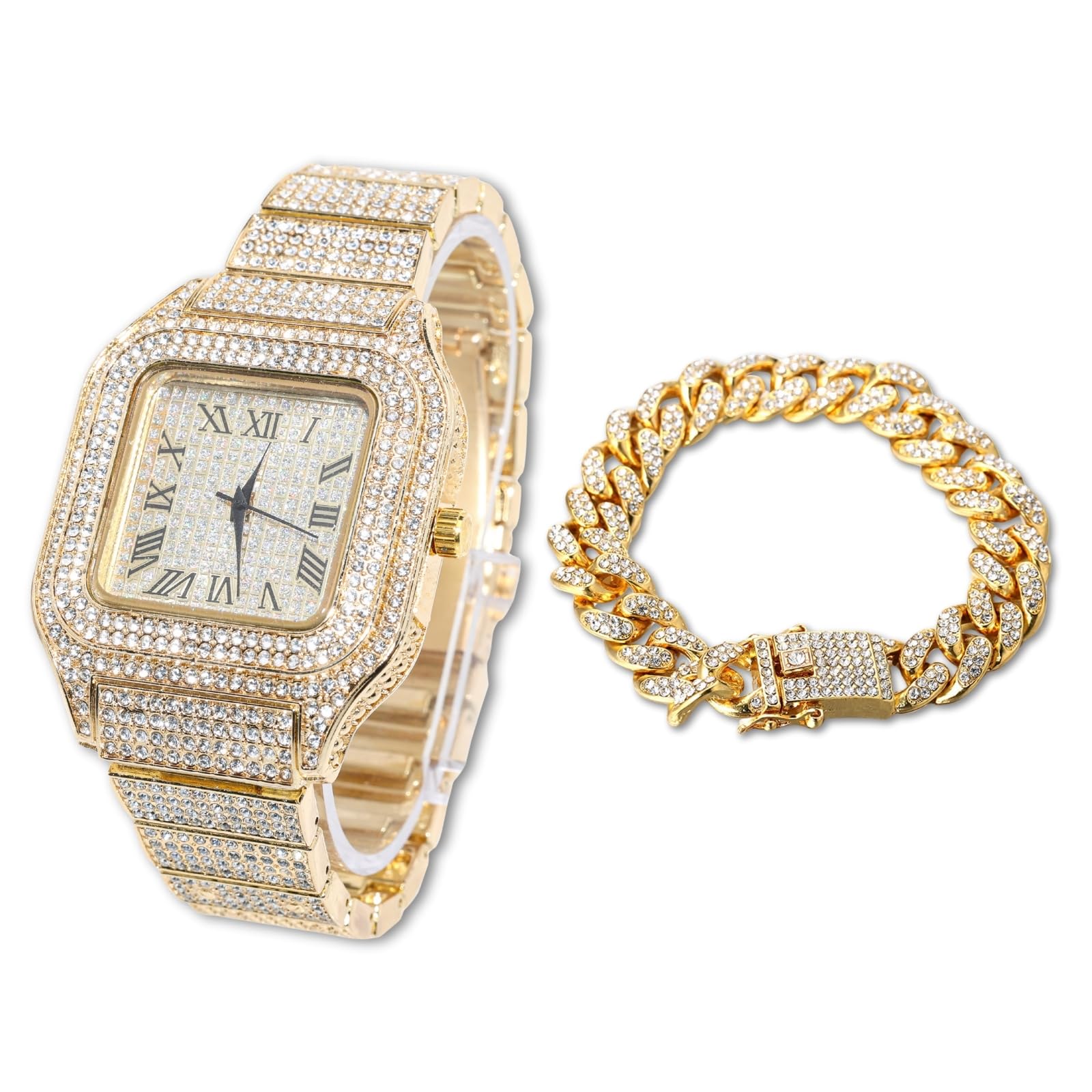 Men’s Watch - The King - 18K Gold/Platinum Plated, 40MM Square Dial, Iced Out Wristband, with Cuban Link Chain Necklace and Bracelet Set Optional, Comes in Giftbox