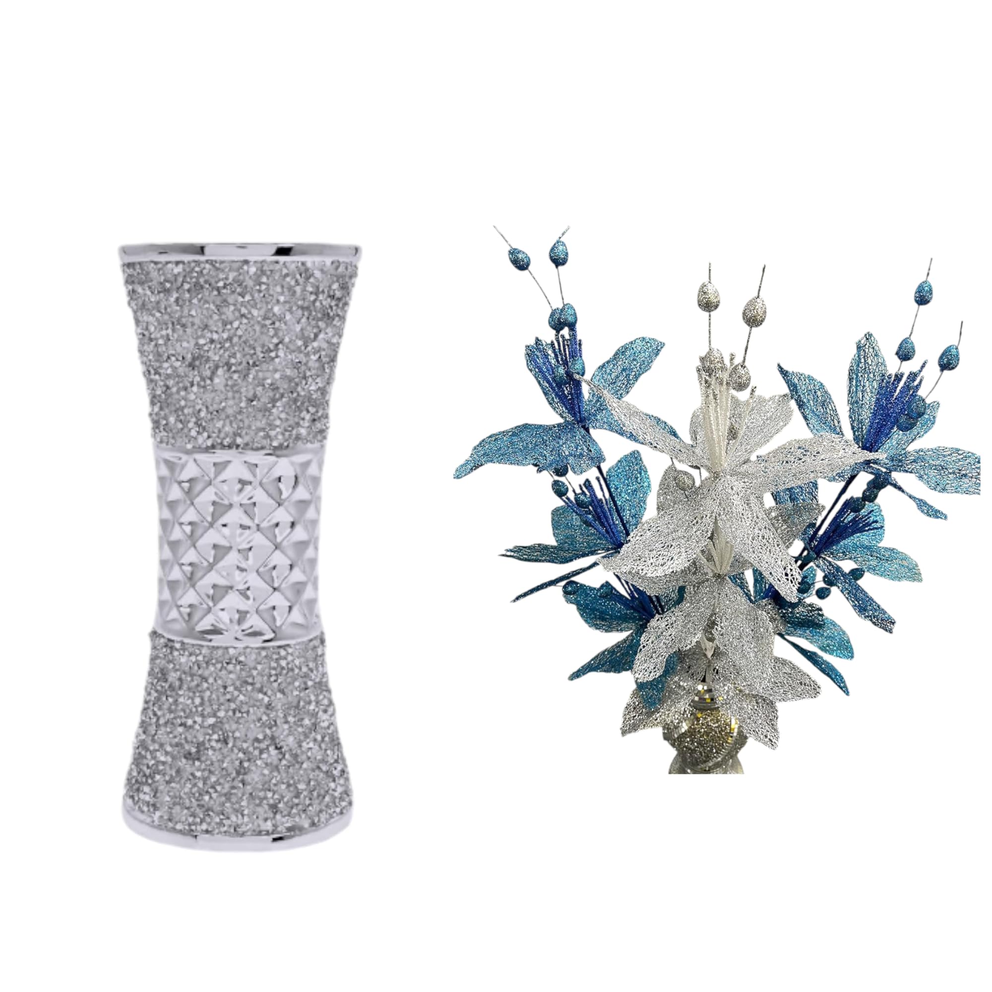 Jayogla Silver + Bule Silver Crystal Crushed Diamond Vase With Artificial Flowers (Ceramic + Silk, )