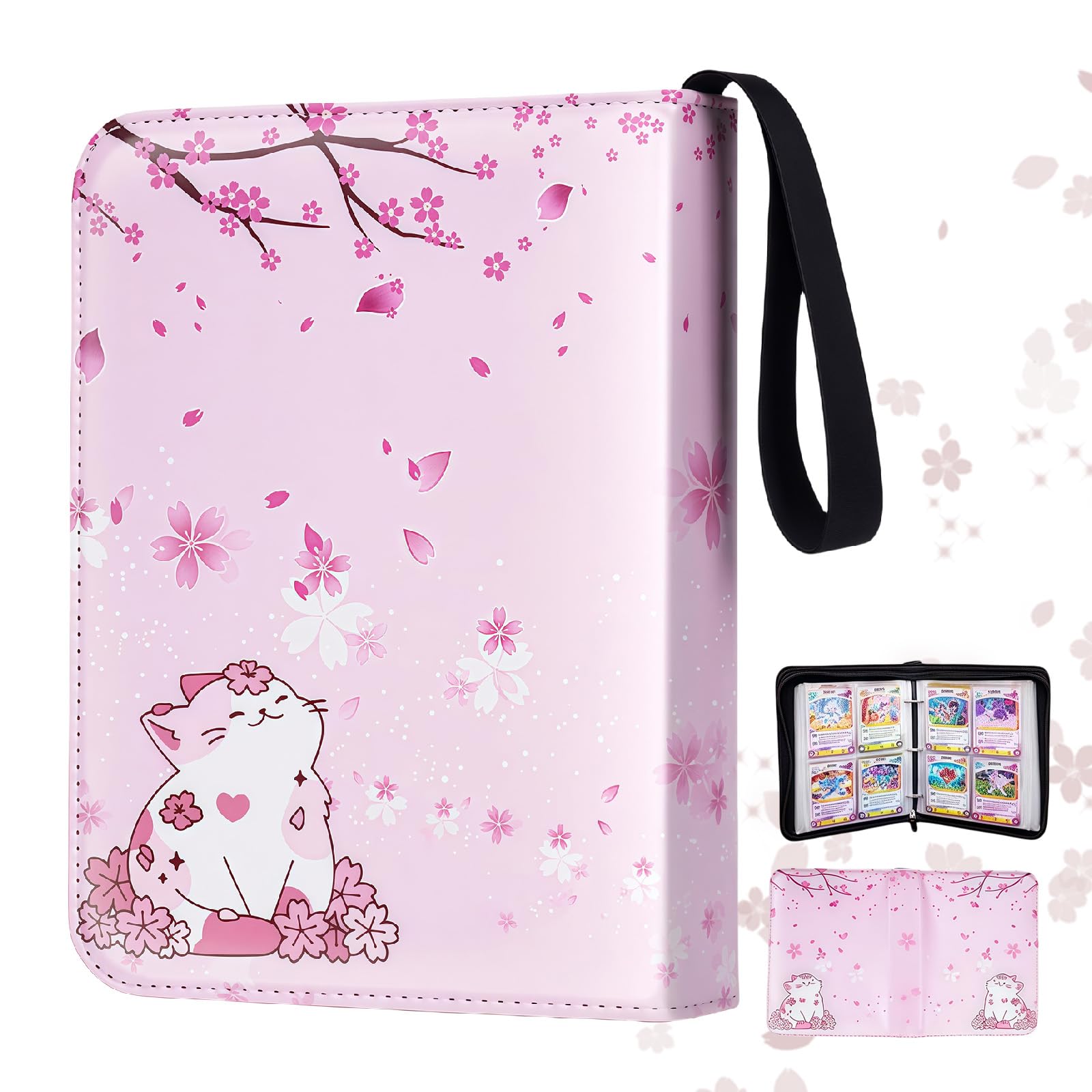 400 Pocket Trading Card Binder, Unique Photo Card Binder for Cards with Handle Cards Collector Photos Cute Cat Trading Folder for Kids Girls Pink Portable Stylish Design